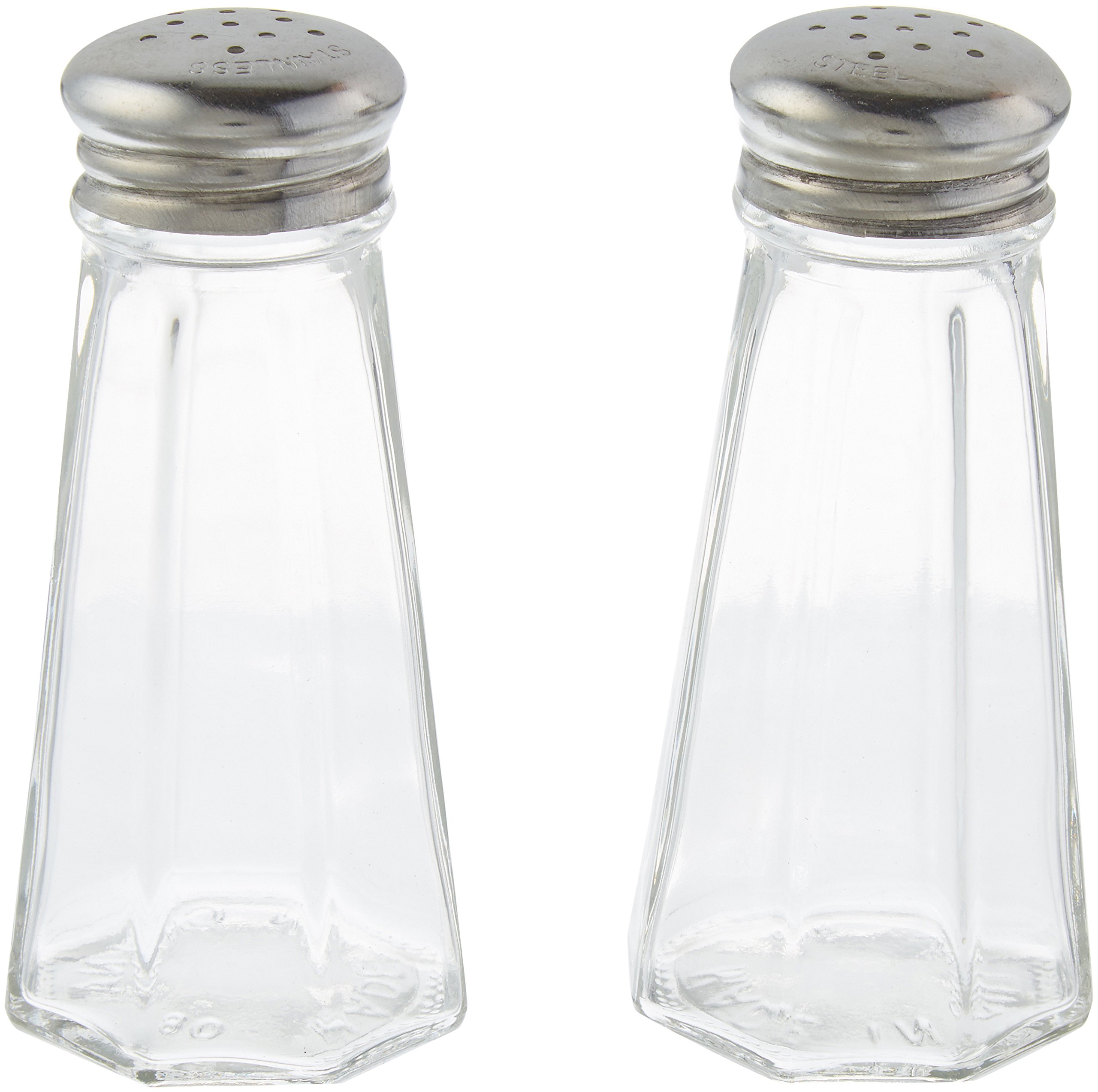 Tablecraft 3 Ounce Stainless Steel Paneled Salt & Pepper Shaker Set - Clear Glass & Metal Design for Kitchen, Dining Table, and Restaurant Use