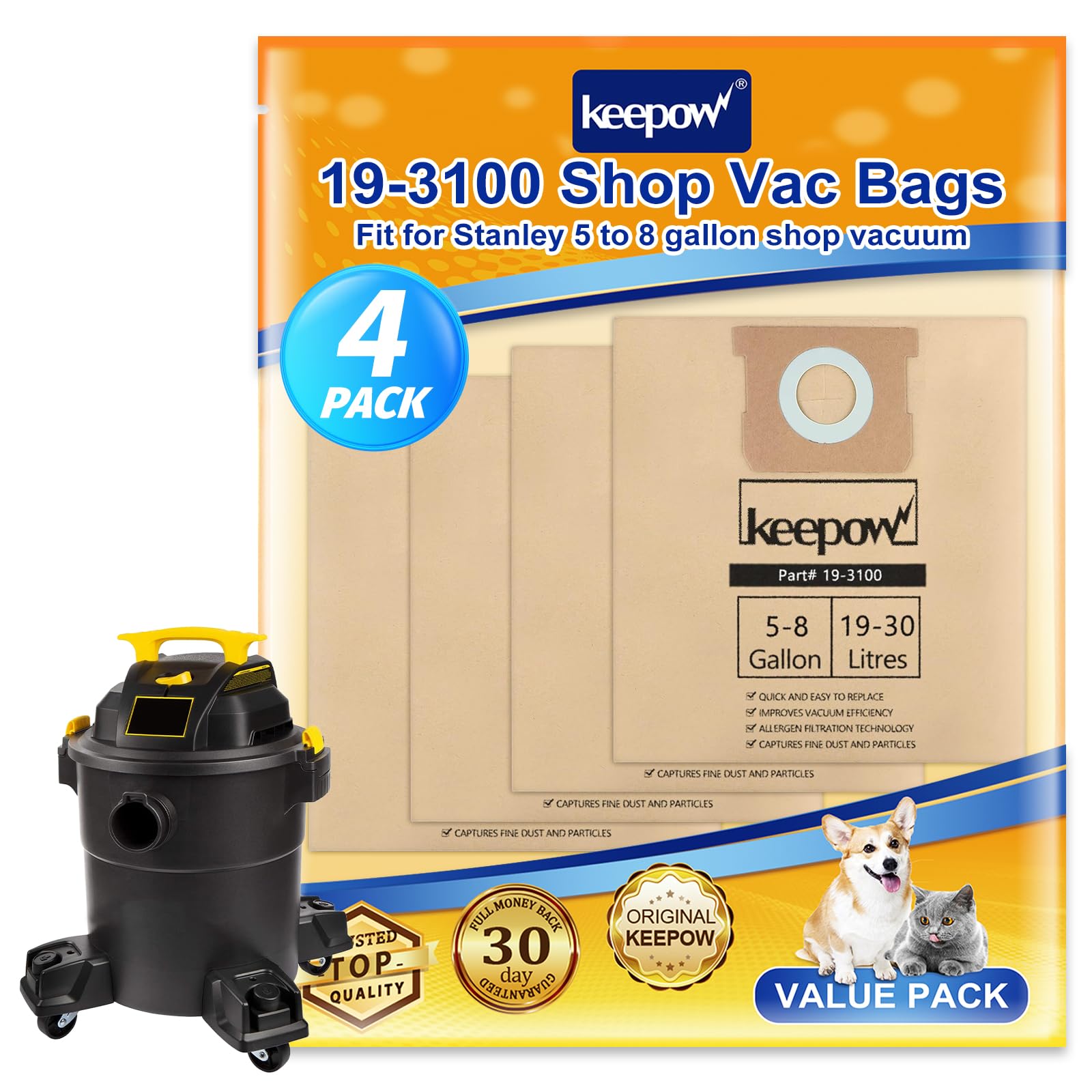 KEEPOW 19-3100 Replacement Vacuum Bags - 4 Pack Disposable Filter Bags Compatible with Stanley 5-8 Gallon Wet/Dry Shop Vacs - Perfect for Home Cleaning, Workshop Dust Collection & Construction Debris Removal