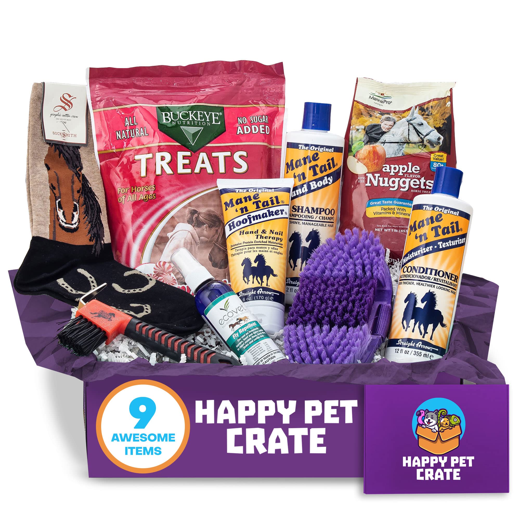 Happy Horse Gift Box - 9 Piece Variety Set with Treats, Grooming Brush, Shampoo, Conditioner & Hoof Care Kit | Perfect for Horse Lovers & Equine Enthusiasts | Great for Birthdays, Holidays & Special Occasions