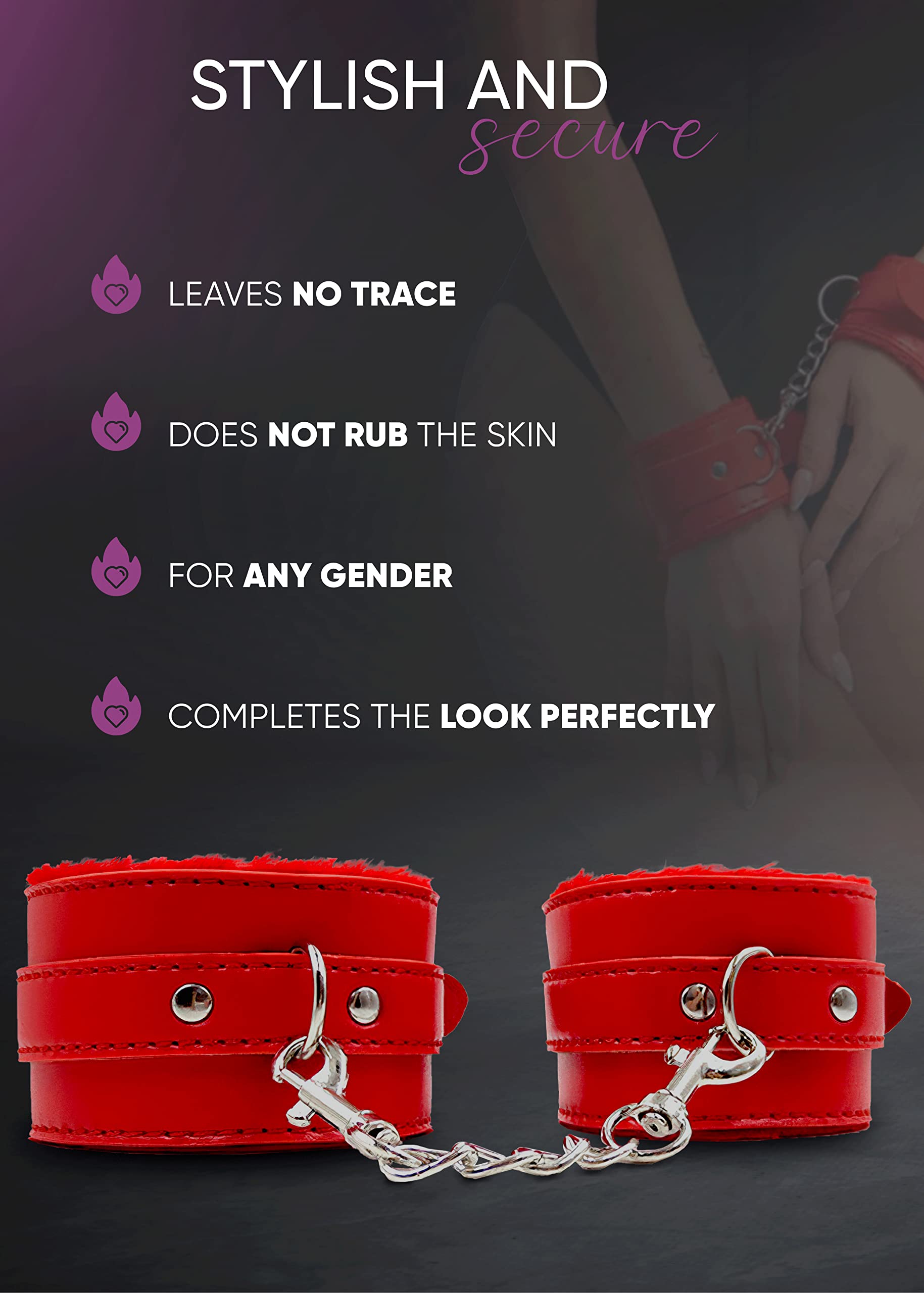 Soft Fluffy Handcuffs for Couples - Adjustable Red Fuzzy Hand Restraints with Chain - Perfect for BDSM, Role Play & Spicing Up Your Intimate Moments