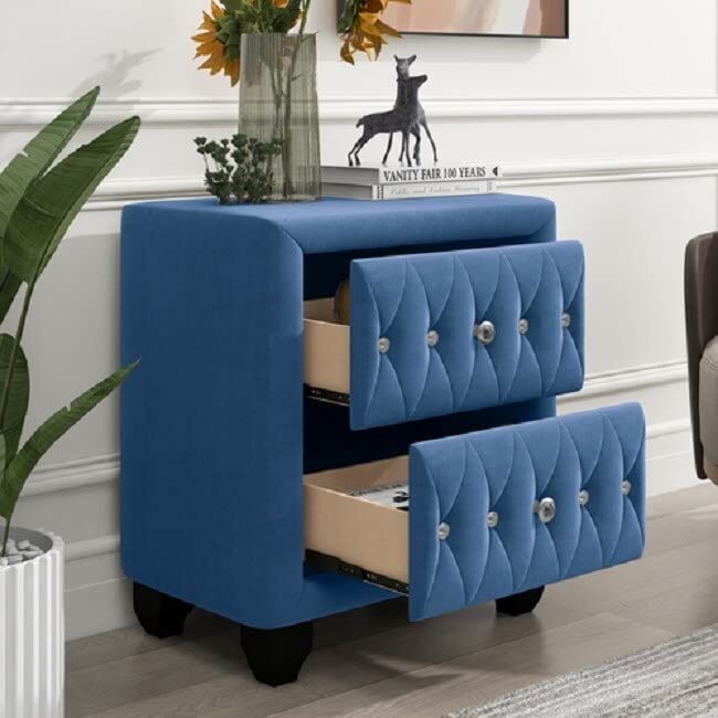 Blue Upholstered Nightstand with 2 Drawers - Wood Finish Bedside Table for Bedroom Decor - Perfect for Storage & Stylish Home Organization