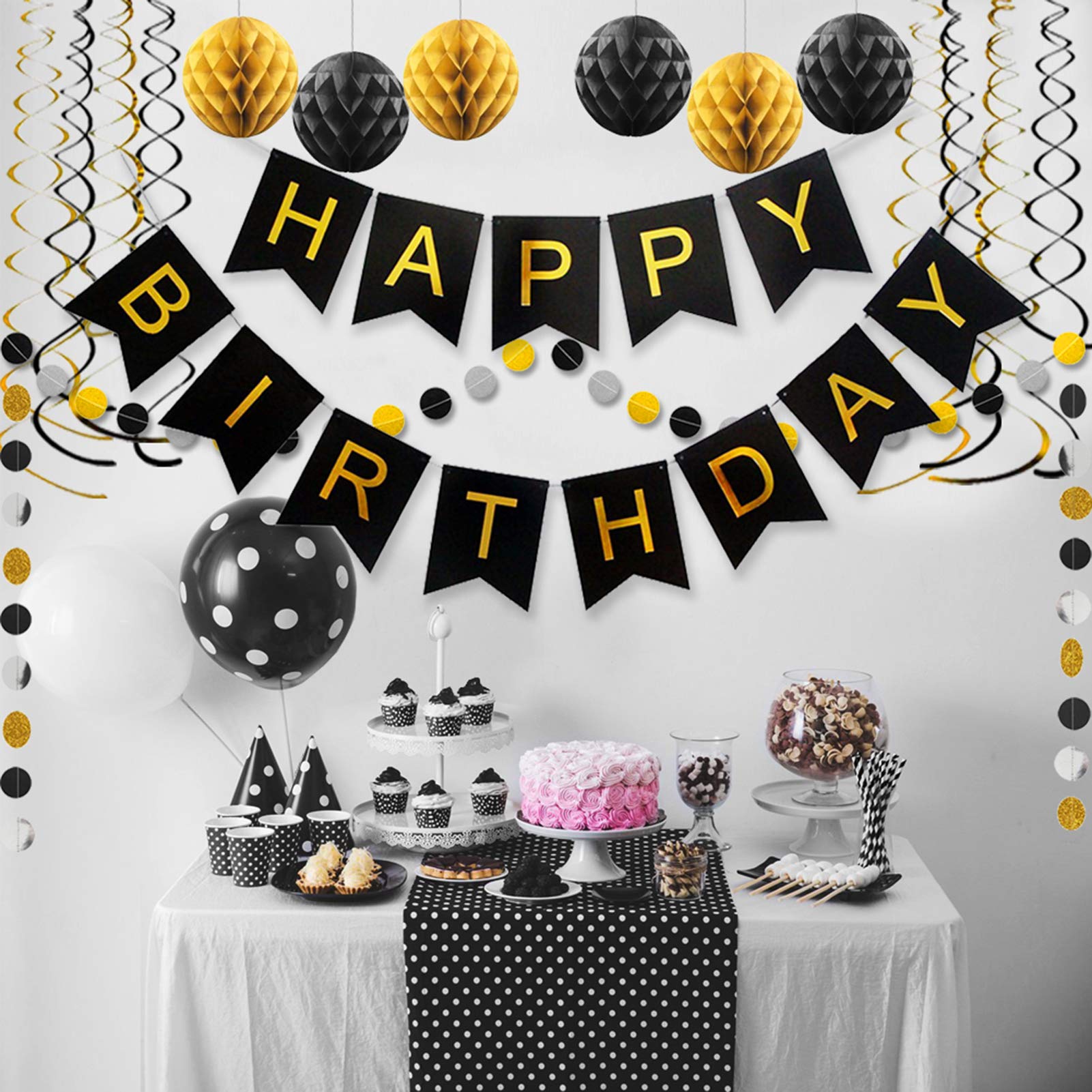 Black & Gold Birthday Decorations Set - Happy Birthday Banner, Paper Pom Poms, Circle Garland & Hanging Swirls for Party Decor | Perfect for Adult Birthday Parties, Anniversary Celebrations & Elegant Events