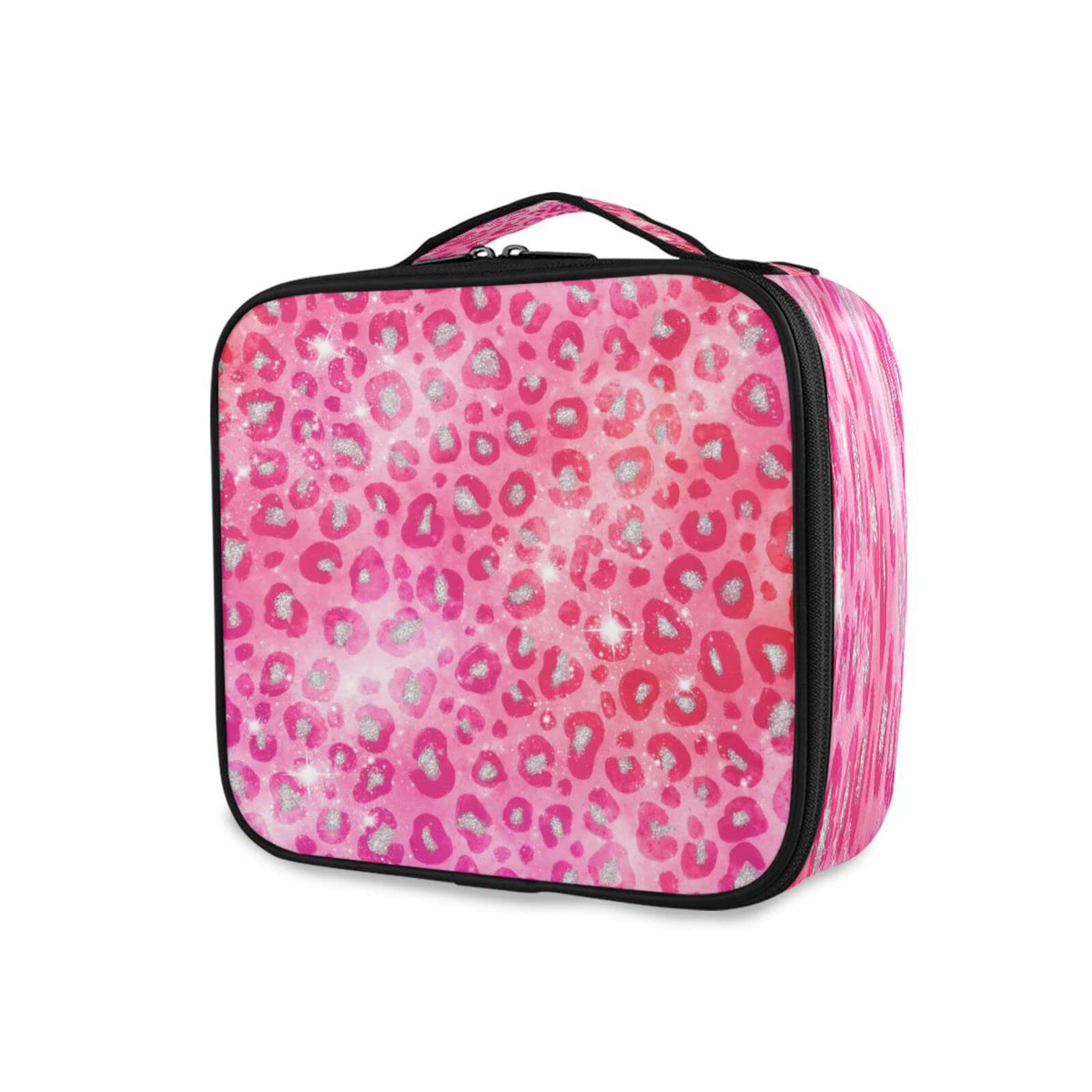 ODAWA Pink Glitter Leopard Print Travel Makeup Bag Organizer - Waterproof Cosmetic Train Case with Brush Storage | Perfect for Vacation, Gym & Daily Beauty Essentials