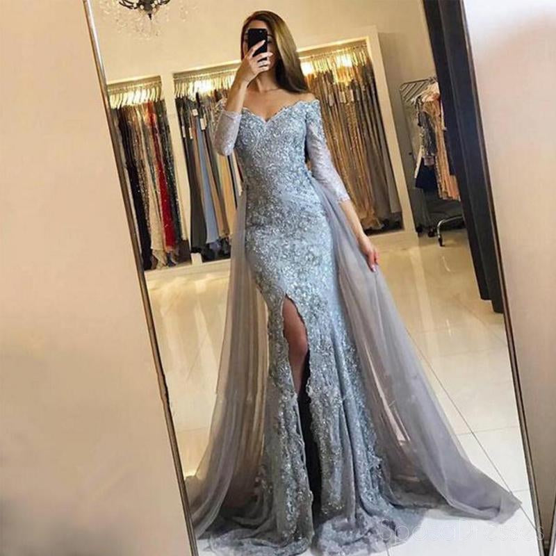Elegant Dusty Blue Long Sleeve Lace Mermaid Prom Dress with Side Slit - 2018 Popular Evening Gown for Homecoming, Formal Parties & Special Occasions