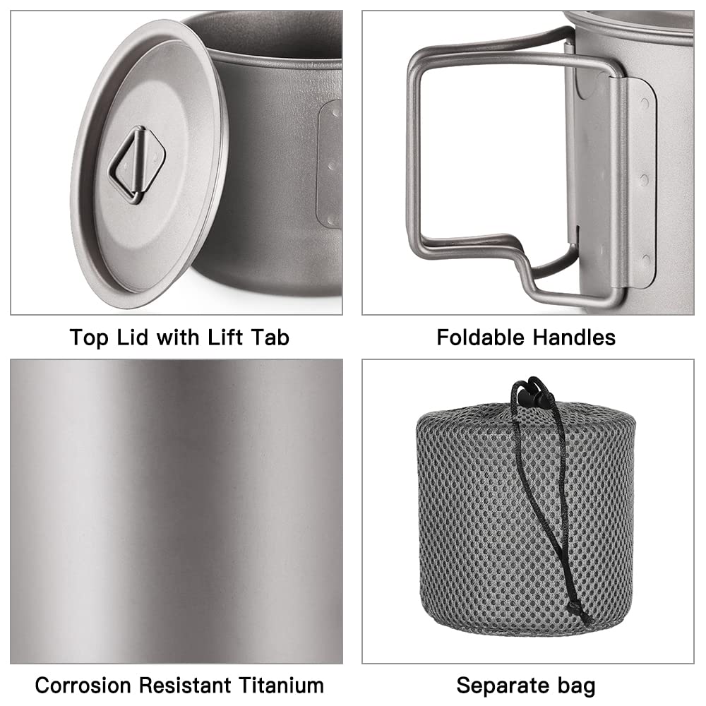 Lixada Titanium Camping Pot - Lightweight Backpacking Cookware with Foldable Handles, Durable Titanium Cup for Outdoor Adventures, Hiking & Camping - Perfect for Backpacking, Camp Cooking & Wilderness Survival