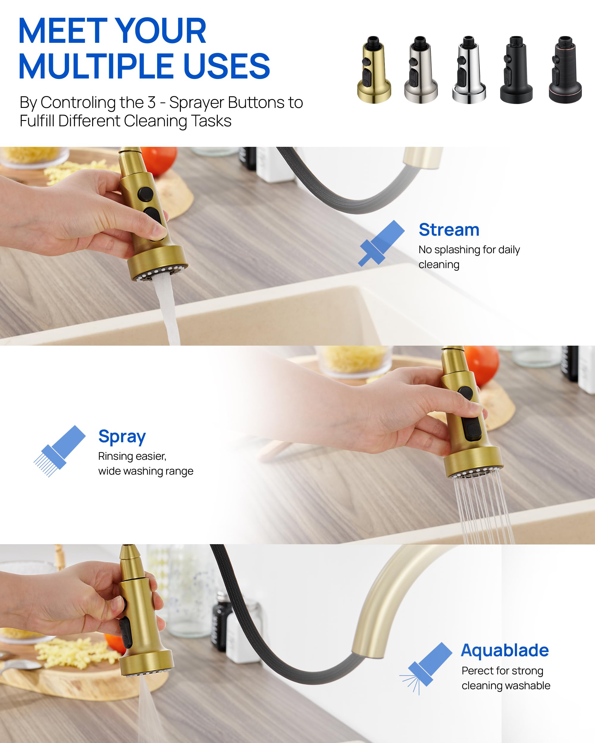 3-Function Pull Down Kitchen Faucet Sprayer Head Replacement with 15 Adapters - Brushed Gold Nozzle for Sink Sprayer, Hose & Tap Spout | Perfect for Kitchen Renovation, Dishwashing & Food Prep