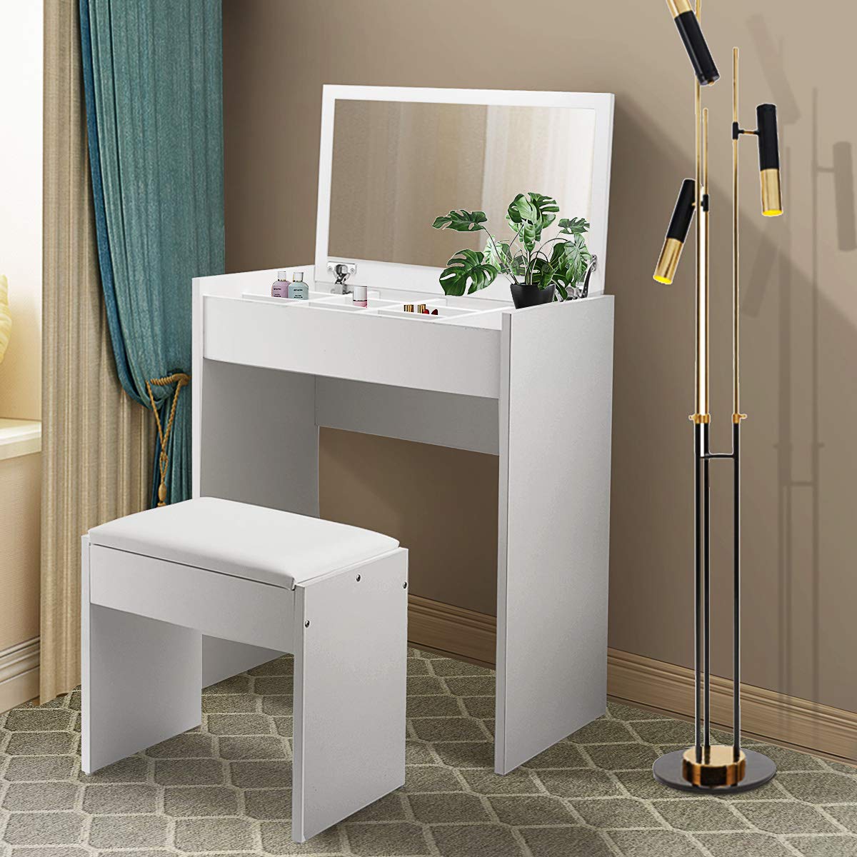 Vanity Makeup Table Set with Flip Top Mirror & Cushioned Stool - Modern Dressing Station for Women & Girls, Bedroom Makeup Organizer with Storage, Perfect for Home Salon, Bridal Room & Beauty Studio