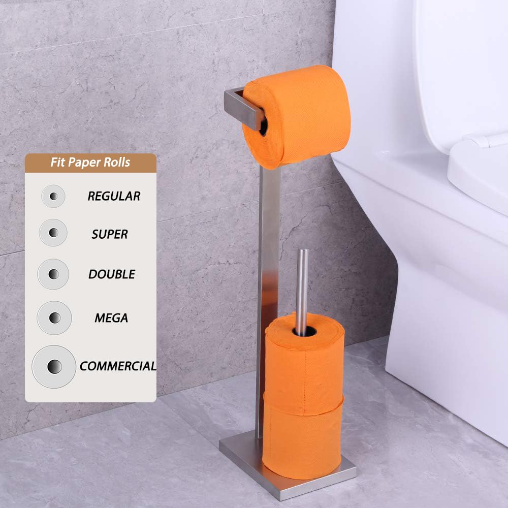 GERZWY Free Standing Toilet Paper Holder - SUS 304 Stainless Steel Bathroom Tissue Roll Stand with Brushed Finish - Durable & Rustproof for Home, Office, Hotel Restroom Decor (Model DZY005-LS) - Perfect for Modern Bathrooms, Powder Rooms and Guest Toilets