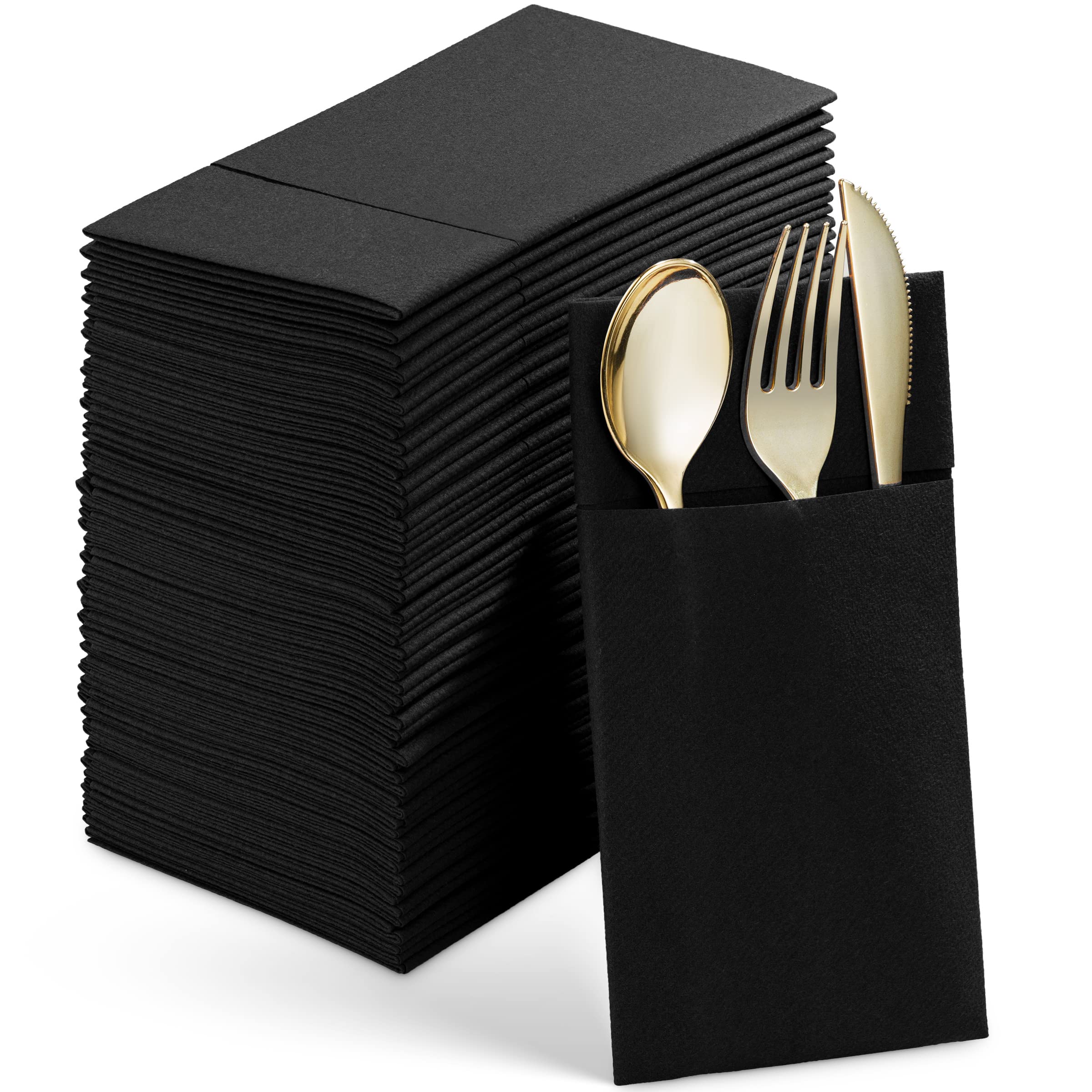 Disposable Linen-Feel Dinner Napkins with Built-in Flatware Pocket - 50 Pack Black Prefolded Cloth-Like Paper Napkins for Dinner, Wedding, Party & Events - Elegant Table Setting for Formal Dining, Catering & Special Occasions