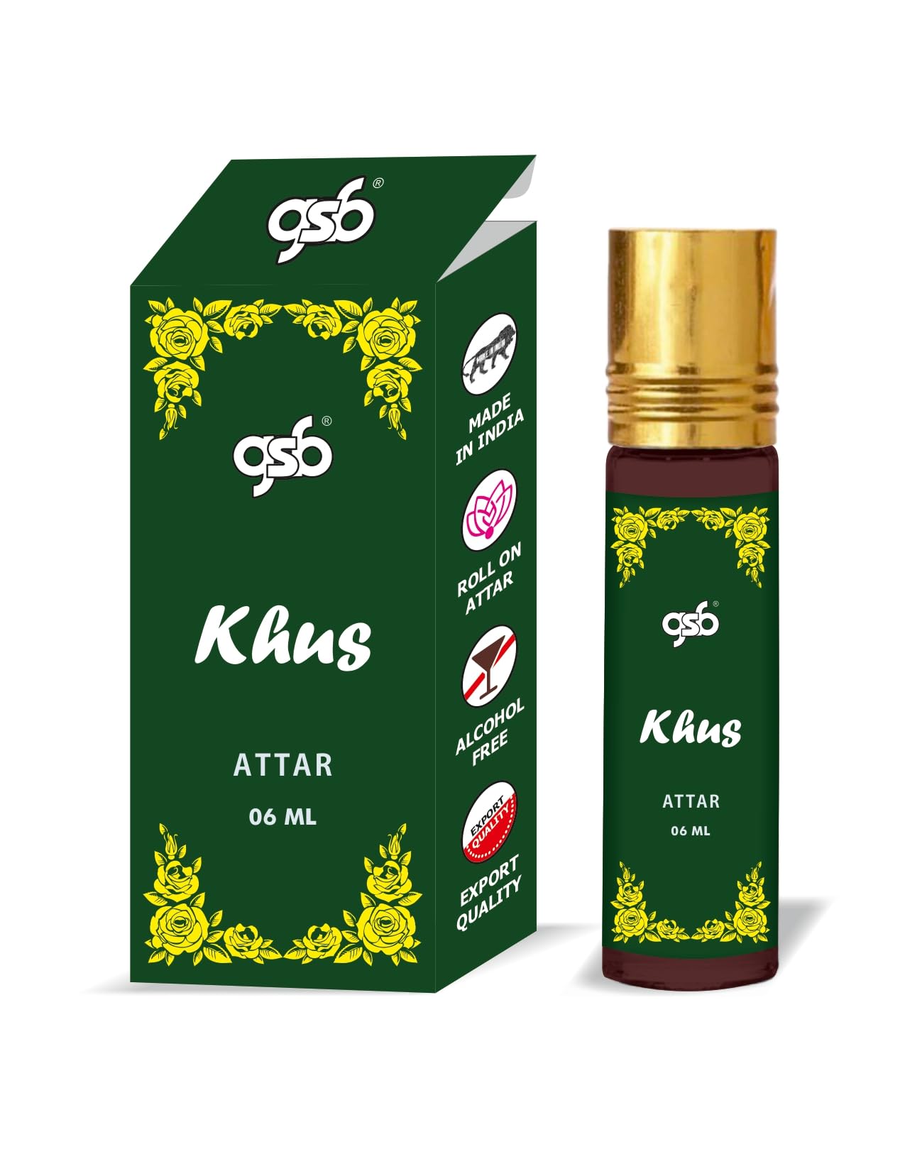 GSB Khus Pure Natural Attar Perfume Roll On - Alcohol-Free, Long-Lasting & Undiluted Unisex Fragrance (6ml) | Perfect for Daily Wear, Aromatherapy & Gift Giving
