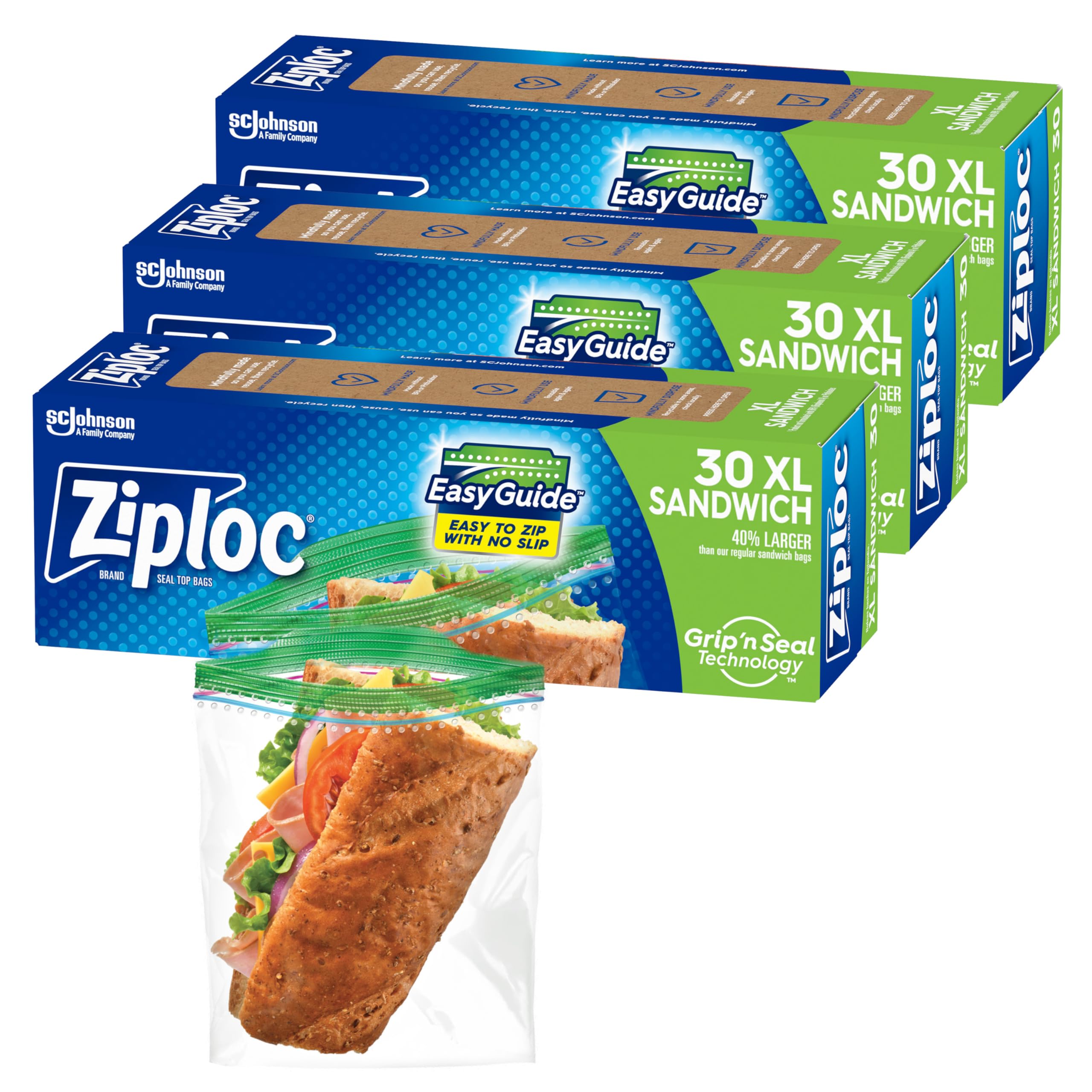 Ziploc XL Sandwich and Snack Bags - 90 Count | EasyGuide Texture & Grip 'n Seal Technology | Plastic Storage Bags for Food, Meal Prep & Organization | Perfect for Lunches, Snacks, Leftovers & Freezer Storage