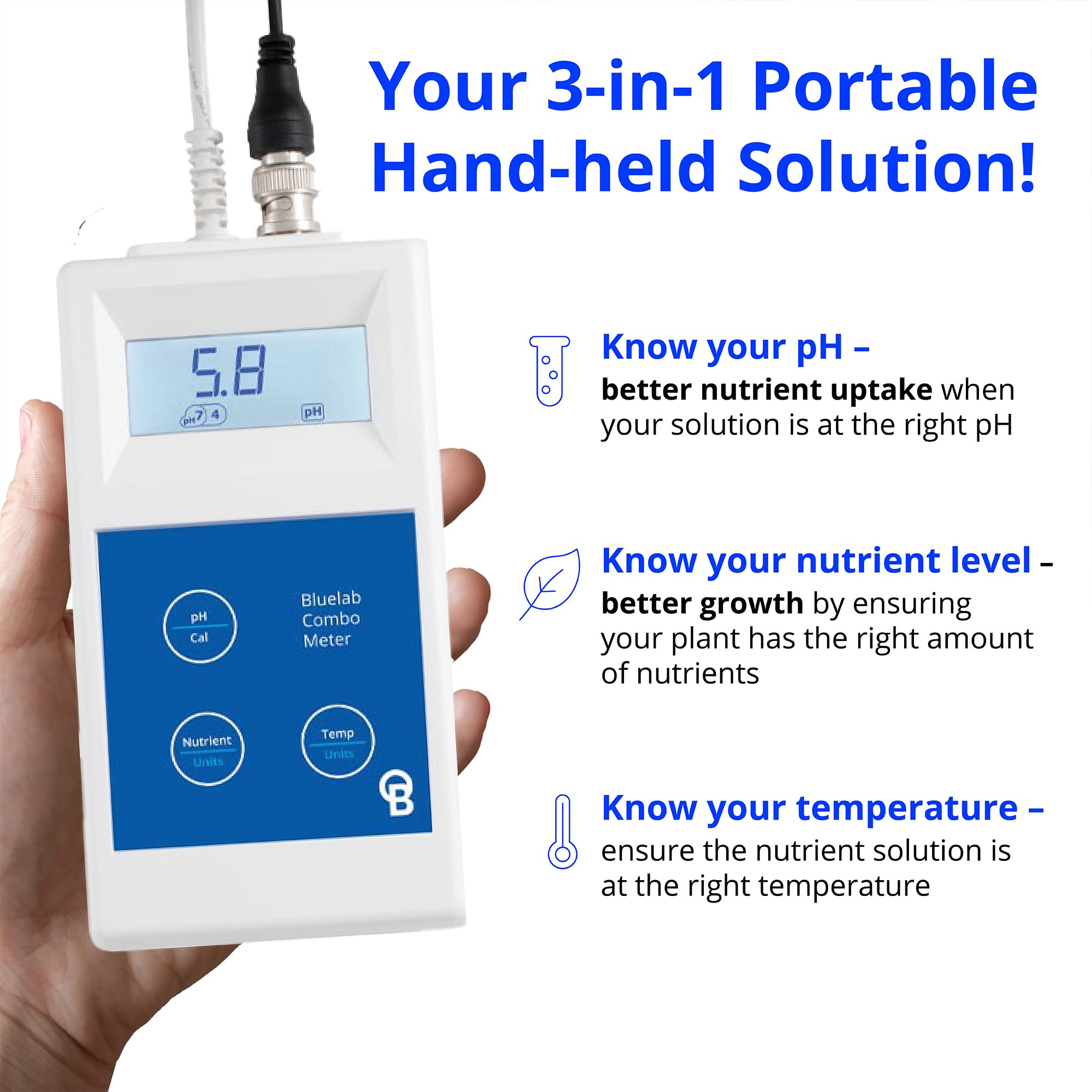 Bluelab METCOM Digital pH, Temperature & Conductivity Meter - Easy Calibration EC/TDS/PPM Tester for Hydroponics, Aquariums & Indoor Plants | Water Quality Testing for Home Gardening & Greenhouse Use