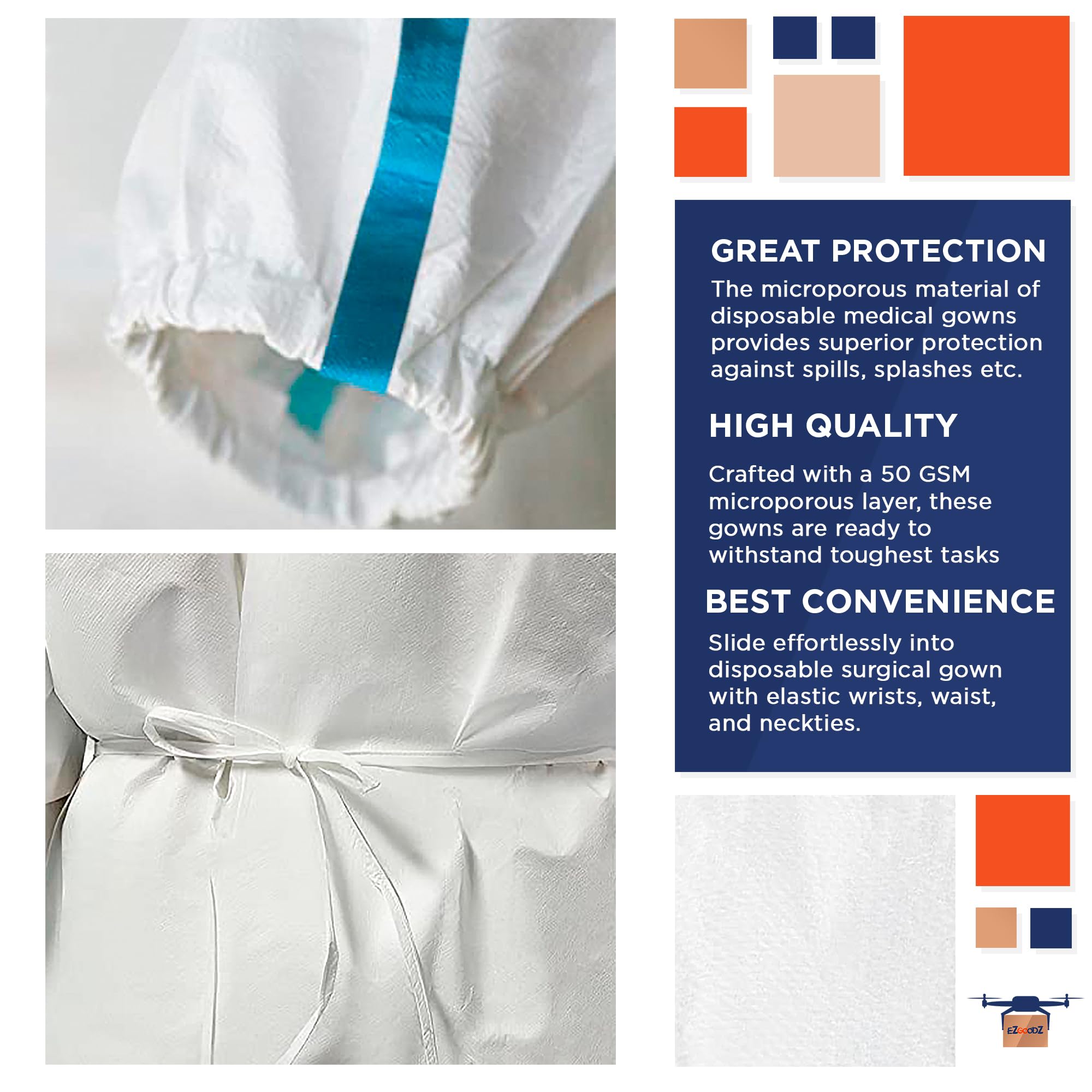 Disposable Hospital Gowns with Sleeves - 25 Pack Small Size PPE Medical Isolation Gowns, 50 GSM Microporous Protective Wear for Men & Women (Elastic Wrists, Waist & Neck Ties) - Ideal for Healthcare Workers, Nursing Homes & Emergency Medical Use