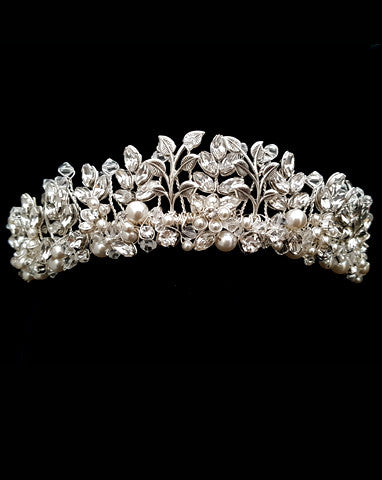 Elegant Pearl & Crystal Leaf Wedding Crown by Kezani - Bridal Tiara for Weddings, Prom, Pageants & Special Occasions