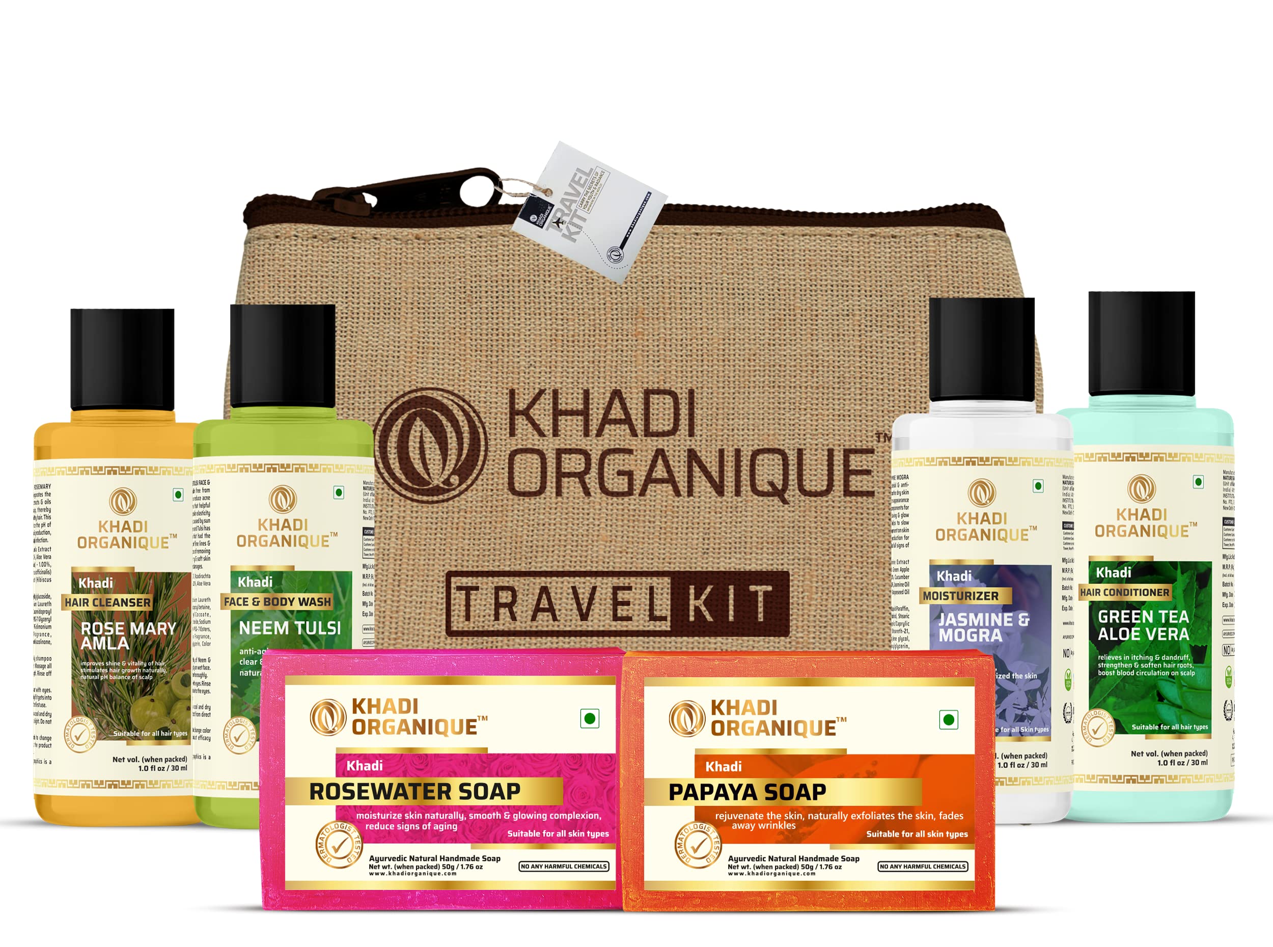 Khadi Organique Travel Grooming Kit for Men & Women - 6-Piece Set (2 Soaps, Shampoo, Conditioner, Moisturizer, Face Wash) - Perfect for Travel, Camping & Gym Essentials