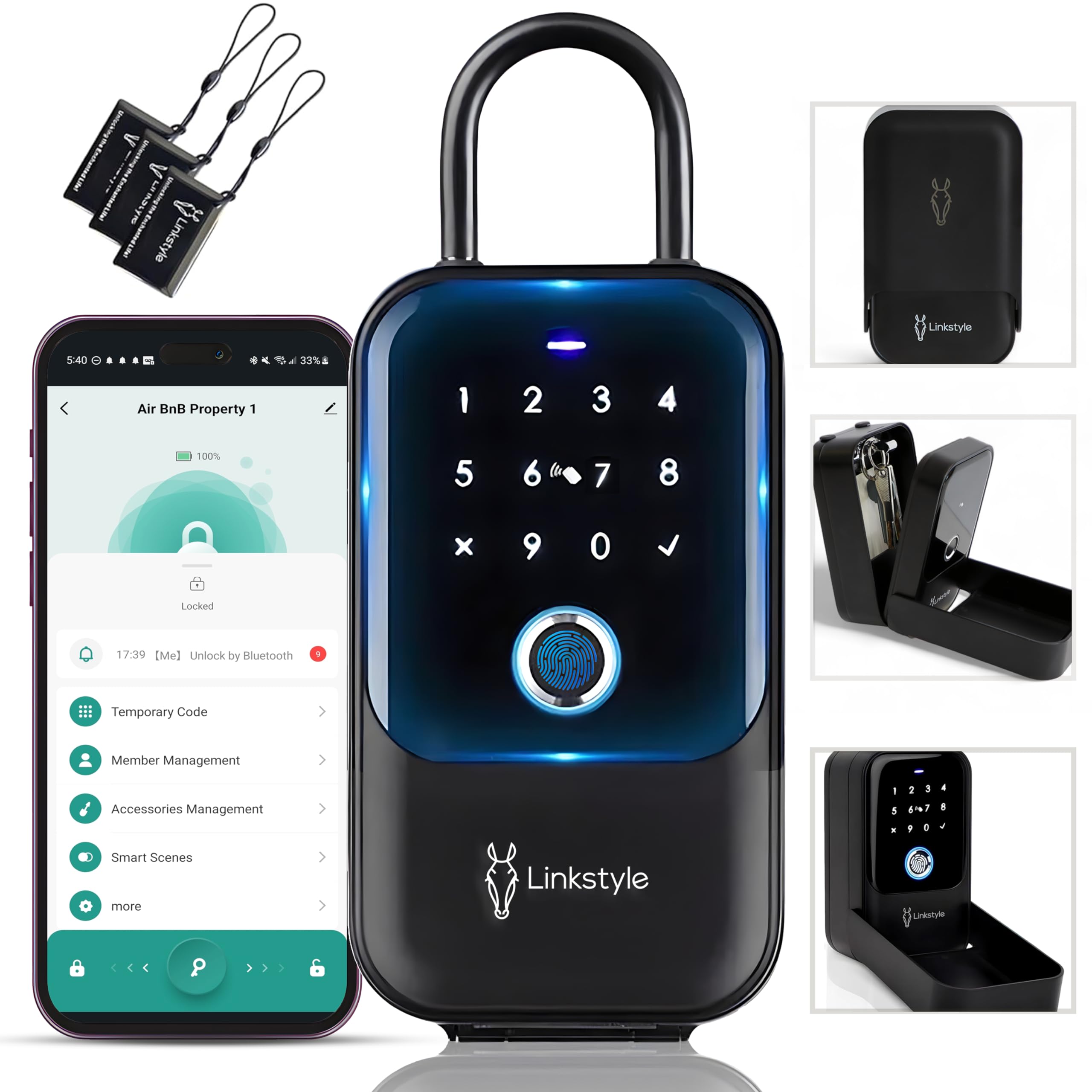 LINKSTYLE Matrix II Smart Lock Box for Keys – Bluetooth Wireless Key Safe with 5 Unlock Modes (Codes, Fingerprint, App, Keycards, Manual Key) for AirBnB Hosts, Realtors & Turo Rentals – Secure Key Storage Solution for Vacation Homes, Rental Properties & Real Estate Showings