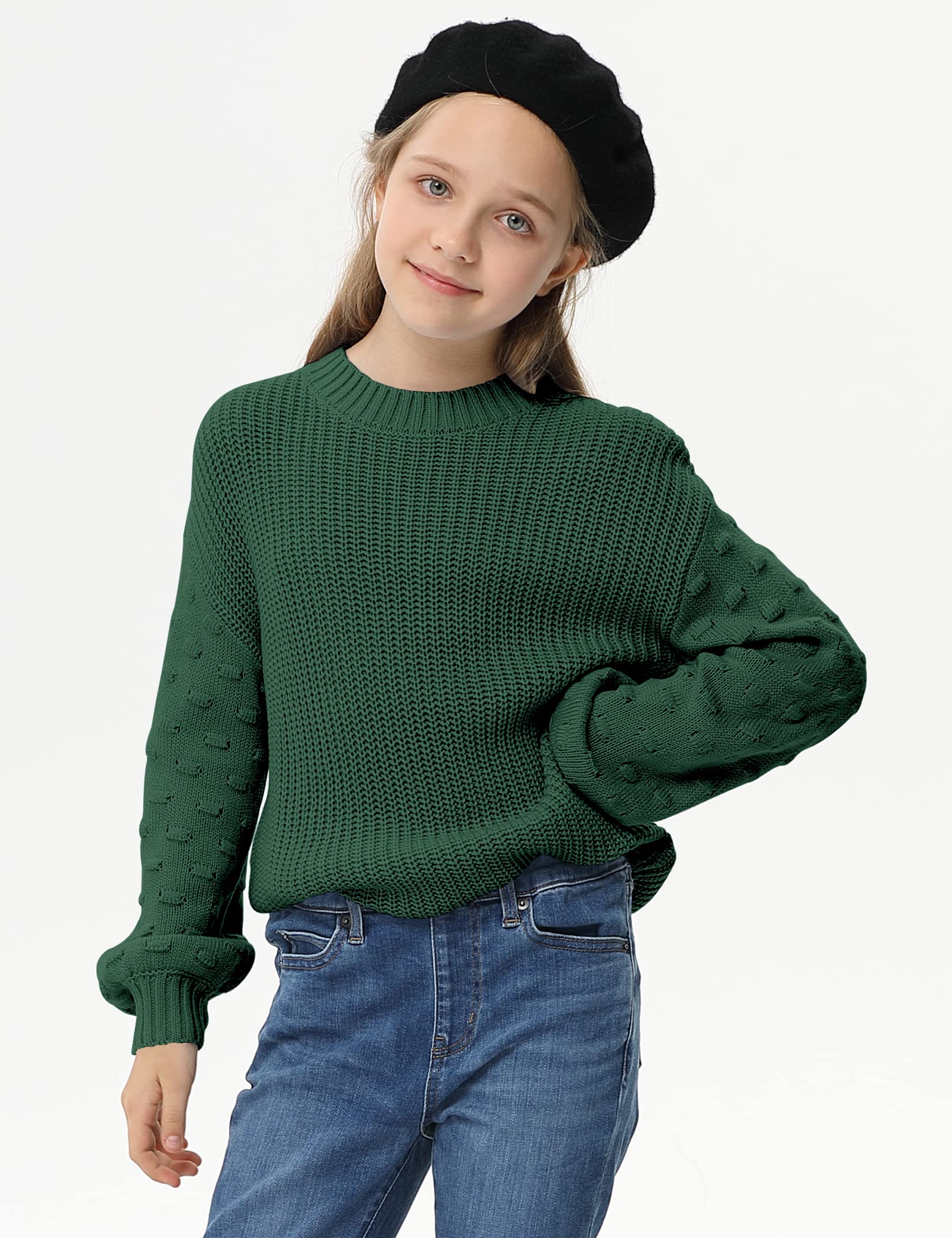 Cute Girls Oversized Knit Pullover Sweater with Long Lantern Sleeves | Warm Crewneck Jumper Top for School, Fall & Winter Fashion