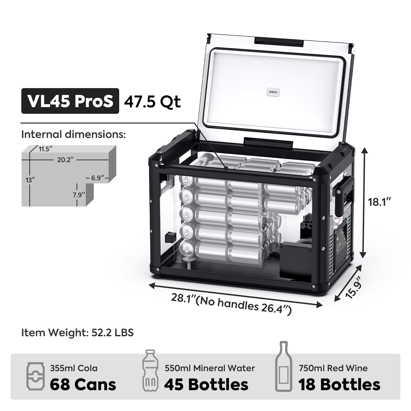 ICECO VL45ProS 47.5QT Single Zone Portable Refrigerator Freezer for Camping, Road Trips & Outdoor Adventures - Compact Car Fridge for Food, Drinks & Medication Storage