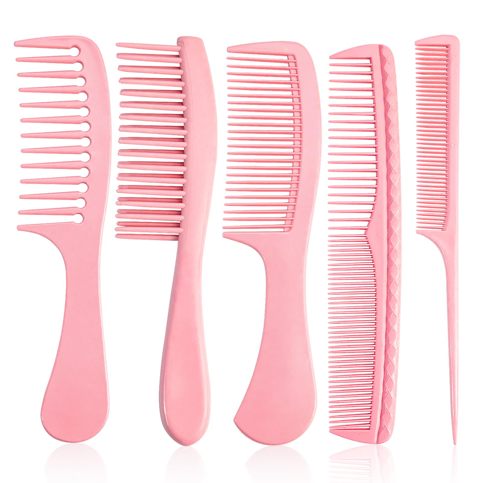 START MAKERS 5-Piece Hair Comb Set for Women & Men - Wide Tooth, Fine Tooth, Rat Tail, Parting & Double-Wide Combs for Detangling, Styling Wet, Wavy, Curly & Thick Hair (Pink) - Perfect for Salon, Home & Travel Use