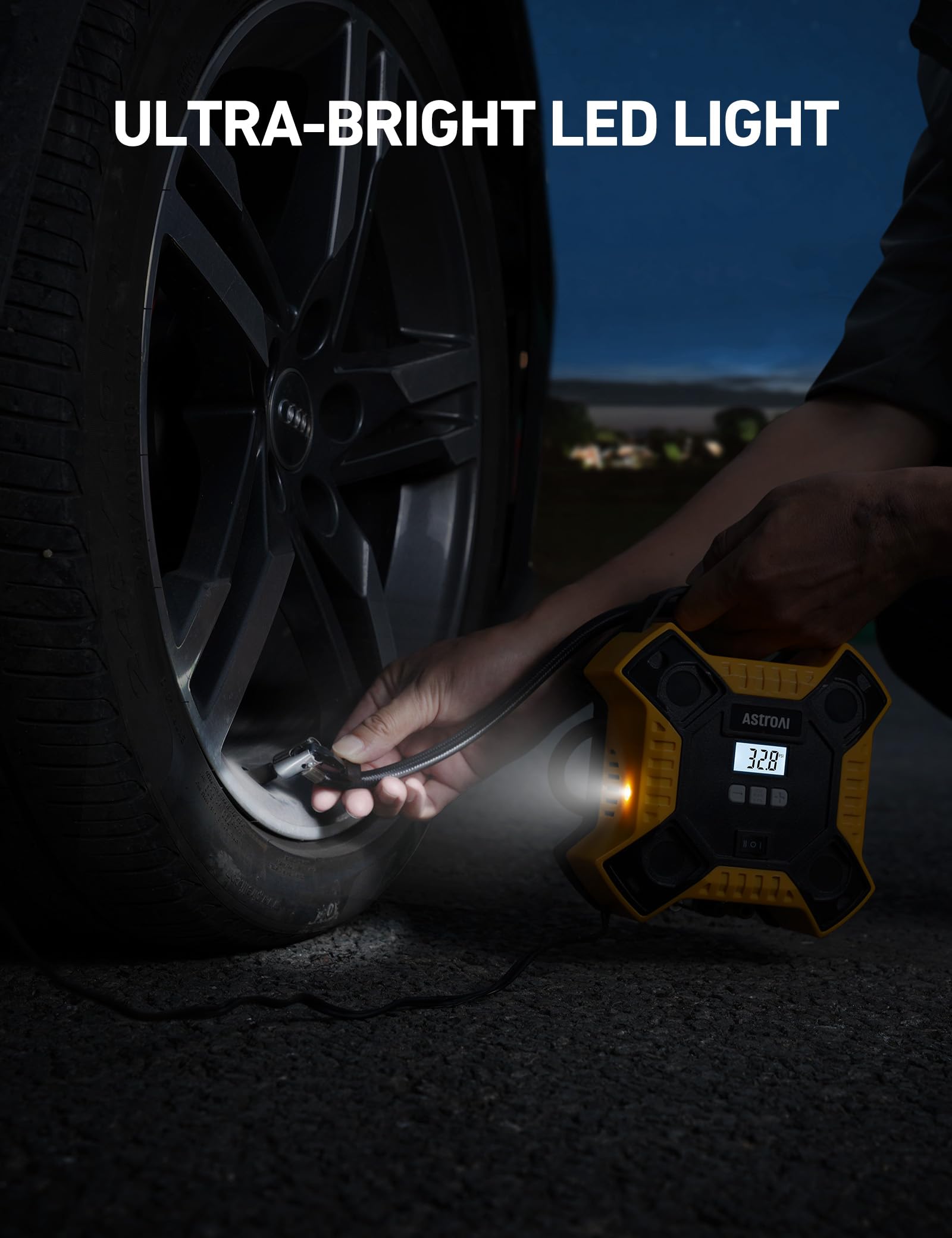 AstroAI Portable Tire Inflator Air Compressor - 12V DC 160PSI Car Air Pump with LED Light & Metal Housing for Cars, Bikes, Motorcycles | Quick Inflation for Road Trips, Emergency Use & Home Garage