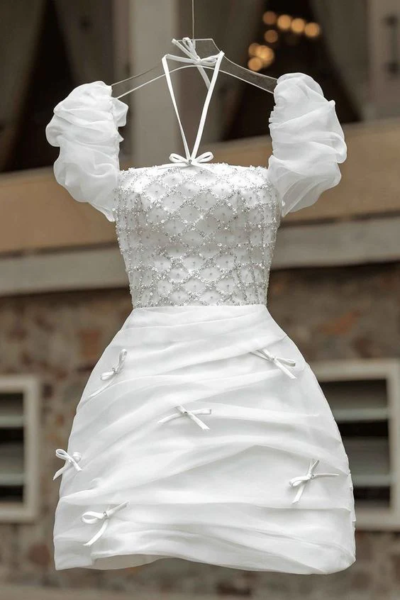 Elegant A-Line Sequin Short Homecoming Dress for Women - White Sparkly Party Dress J6403 | Perfect for Prom, Birthday, Cocktail Parties & Special Occasions
