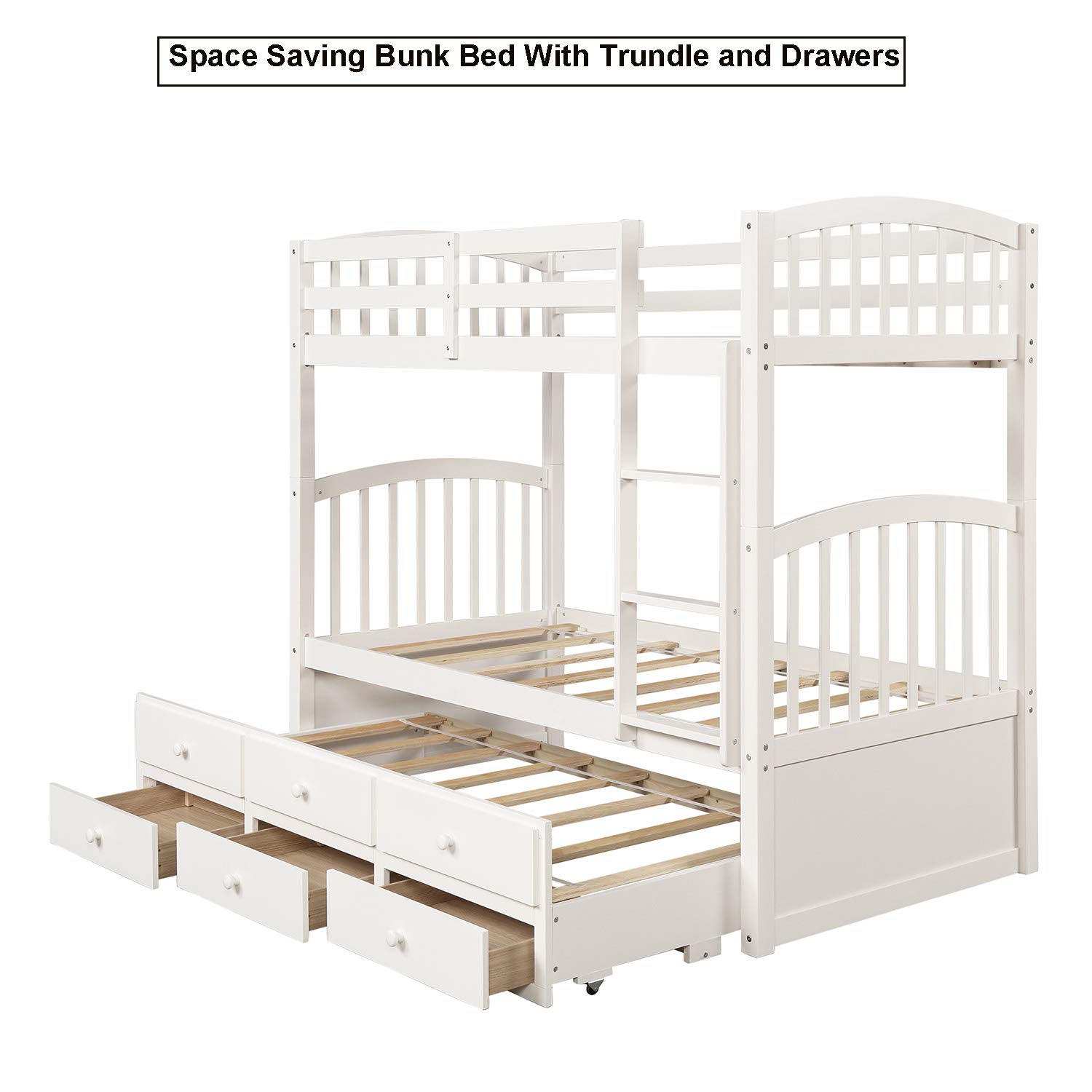 JULYFOX Twin Over Twin Pine Wood Bunk Bed with Ladders, Trundle & Drawers - Full Length Guard Rails, No Box Spring Needed - 3 Bed Frames for Kids, Teens & Small Spaces - White - Perfect for Shared Kids' Rooms, Sleepovers & Space-Saving Bedroom Solutions