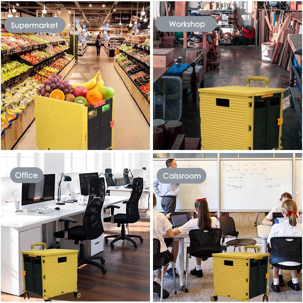 Foldable Utility Cart with Wheels - Portable Collapsible Rolling Tote Basket with Lid & 360° Rotating Noiseless Wheels for Shopping, Storage, Office & Classroom Use - Durable Teacher Cart for Home, School & Workplace Organization