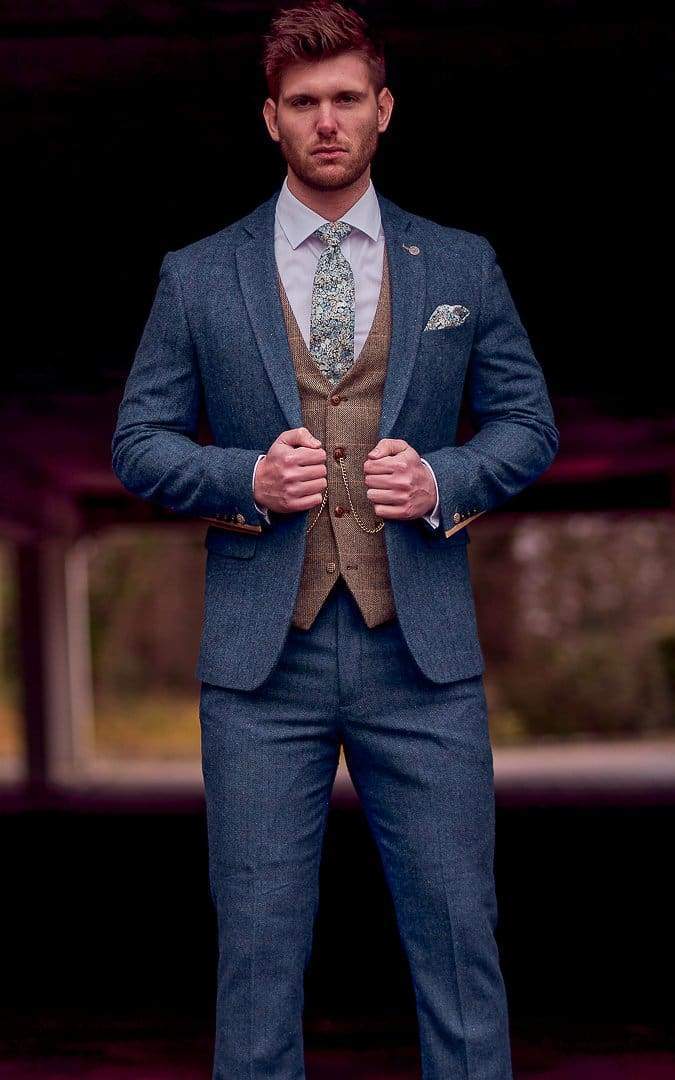 Marc Darcy Dion Blue Tweed 3-Piece Wedding Suit with Tan Brown Waistcoat - Perfect for Formal Events, Weddings & Special Occasions