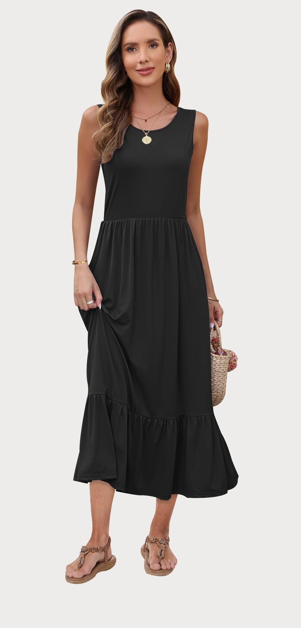 AUSELILY Women's Summer Maxi Dress 2025 - Sleeveless Flowy Tiered Sundress with Pockets, Casual Crewneck Beach Dress for Vacation, Party & Outdoor Activities
