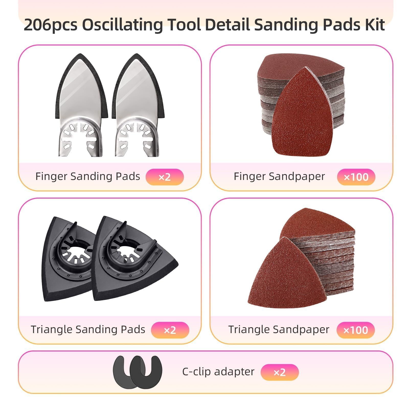 206-Piece Oscillating Tool Sanding Kit with Triangle & Finger Pads, 2 C-Clip Adapters, 200 Sandpaper Sheets (40mm & 80mm) – Perfect for Wood, Plaster, Drywall & DIY Home Renovation Projects