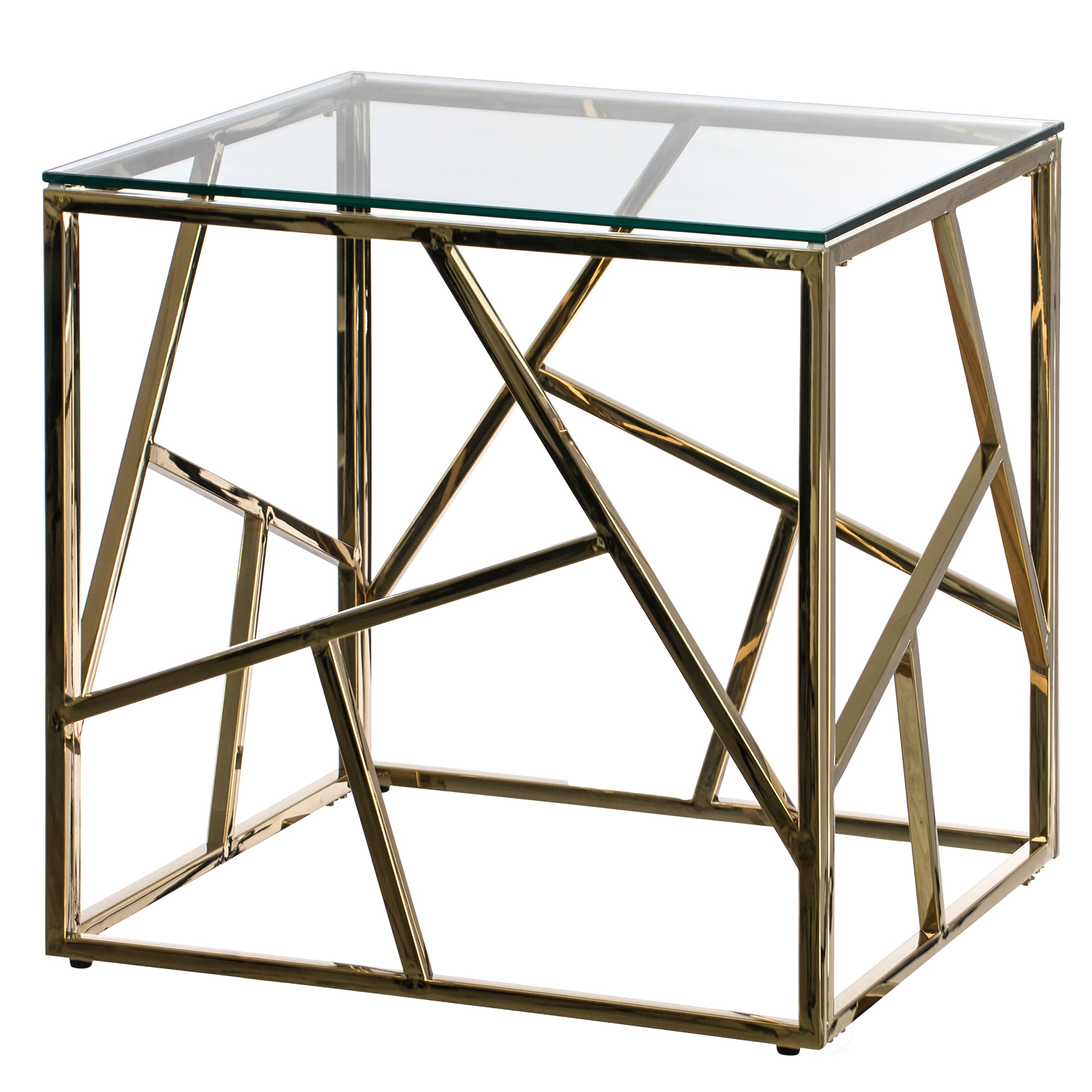 Modern Square End Side Table with Tempered Glass Top & Gold Metal Frame - Stylish Living Room Coffee Table for Home Decor, Office Lounge or Bedroom Accent