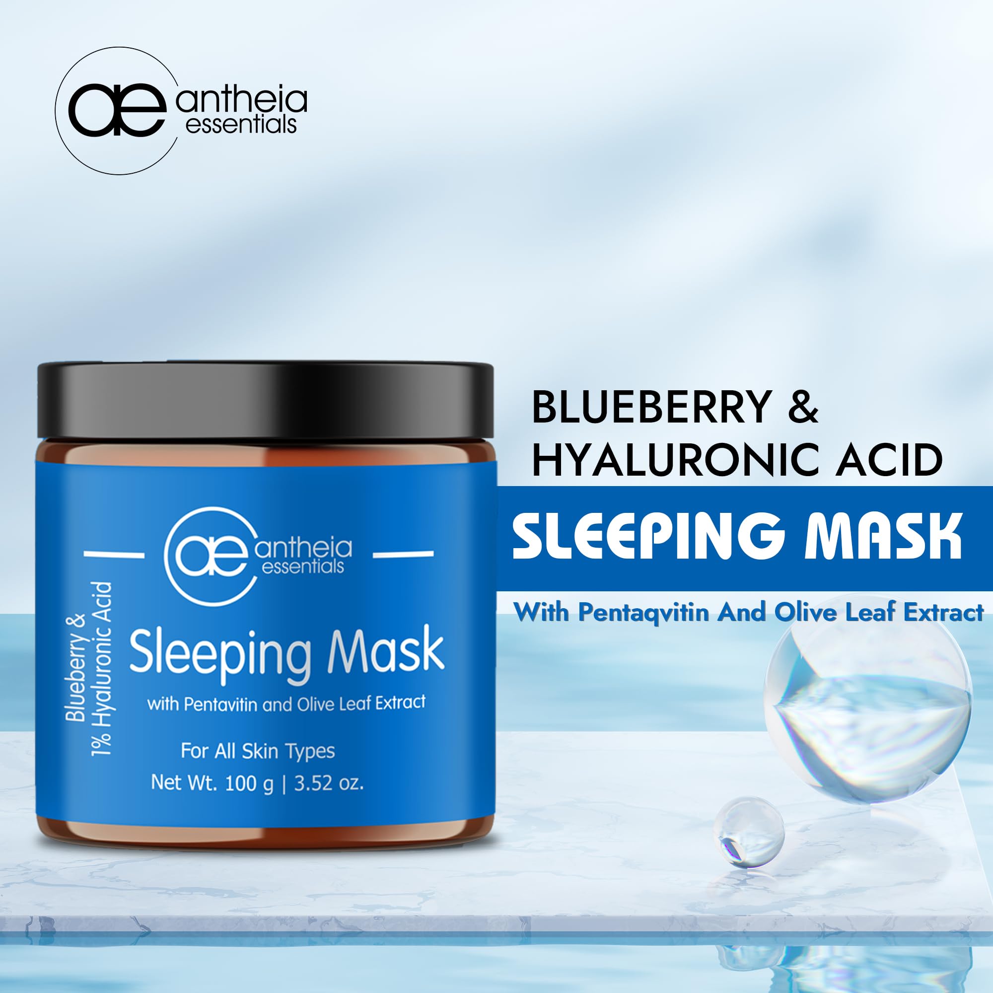 Antheia Essentials Blueberry Sleeping Face Mask with Collagen Booster - Overnight Hydration for Glowing Skin | Cell Regeneration & Antioxidant-Rich Formula for Men & Women | 100g | Perfect for Nighttime Skincare Routine & Post-Travel Skin Recovery