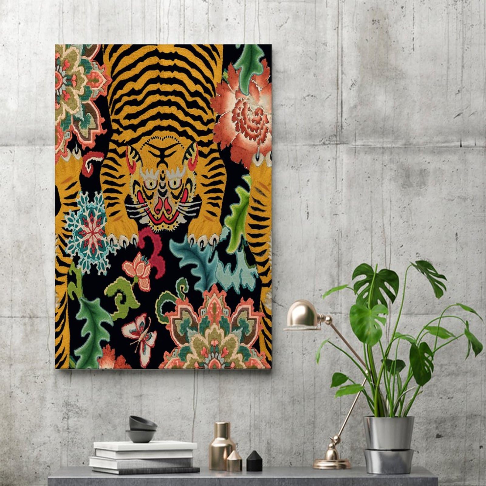 Vibrant Tiger & Chinoiserie Floral Canvas Wall Art - Asian Style Framed Print Decor for Living Room, Bedroom, Office - Ready to Hang 8x12 Inch - Perfect for Home Decor, Housewarming Gifts & Interior Design