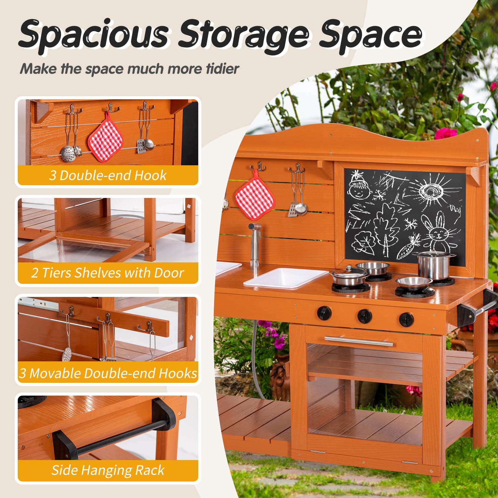 **Wooden Kids Mud Kitchen Playset with 2 Removable Sinks, Spray Pipe, Blackboard & Kitchenware - Outdoor Pretend Play Toy for Toddlers, Boys & Girls - Perfect for Backyard, Garden & Imaginative Play**