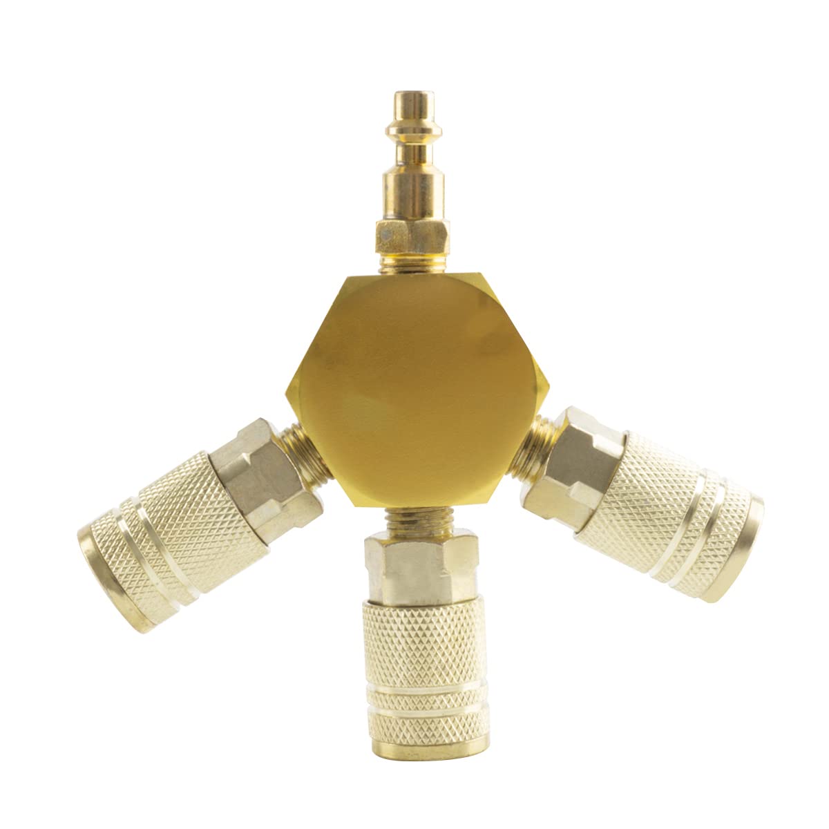 3-Way Air Splitter - 1/4 Inch NPT Hex Style Air Manifold with 3 Brass Industrial Couplers & Plugs - Air Compressor Hose Fittings - Perfect for Pneumatic Tools, Tire Inflation & Workshop Air Systems