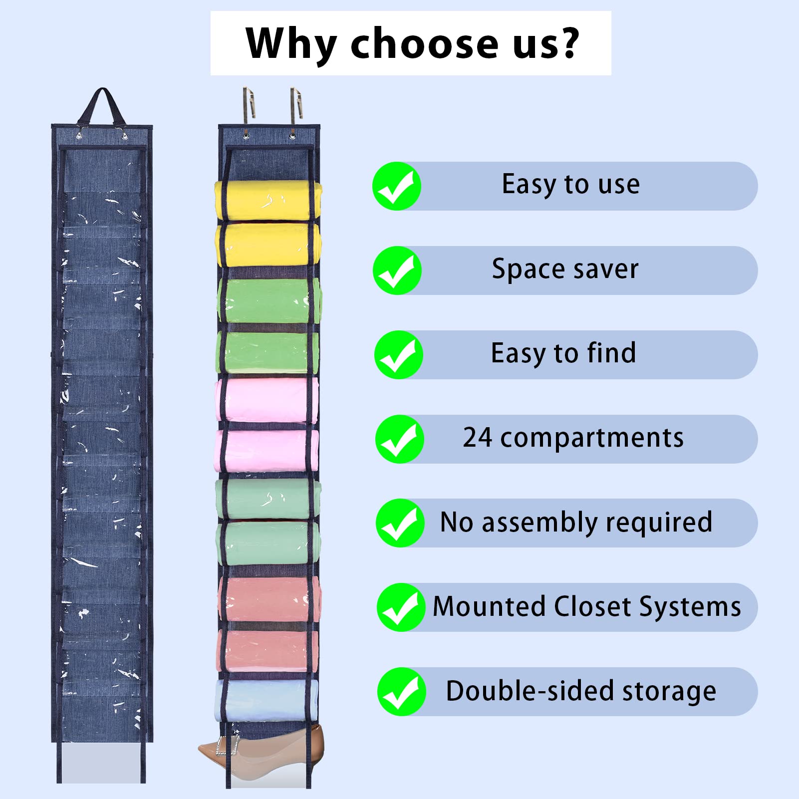 Space-Saving Legging Organizer with 24 Compartments - Closet Storage for T-Shirts, Pants & Purses | Blue | Perfect for Small Closets & Travel Packing