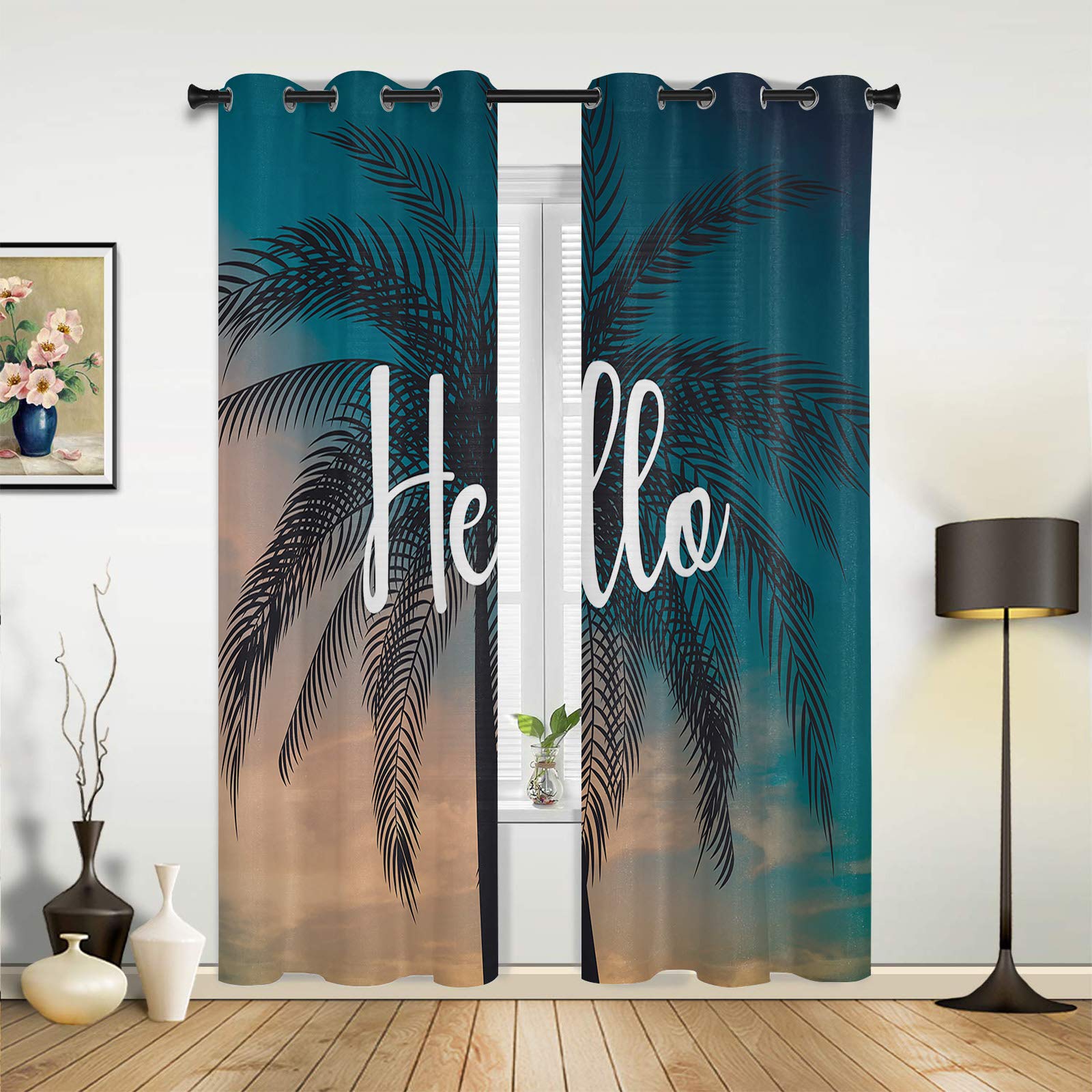 Elegant Tropical Palm Tree & Blue Sky Sheer Curtains for Bedroom & Living Room - Grommet Top Window Drapes, Set of 2 Panels (27.5x39 inches) - Perfect for Summer Decor, Beach House Style & Natural Light Filtering