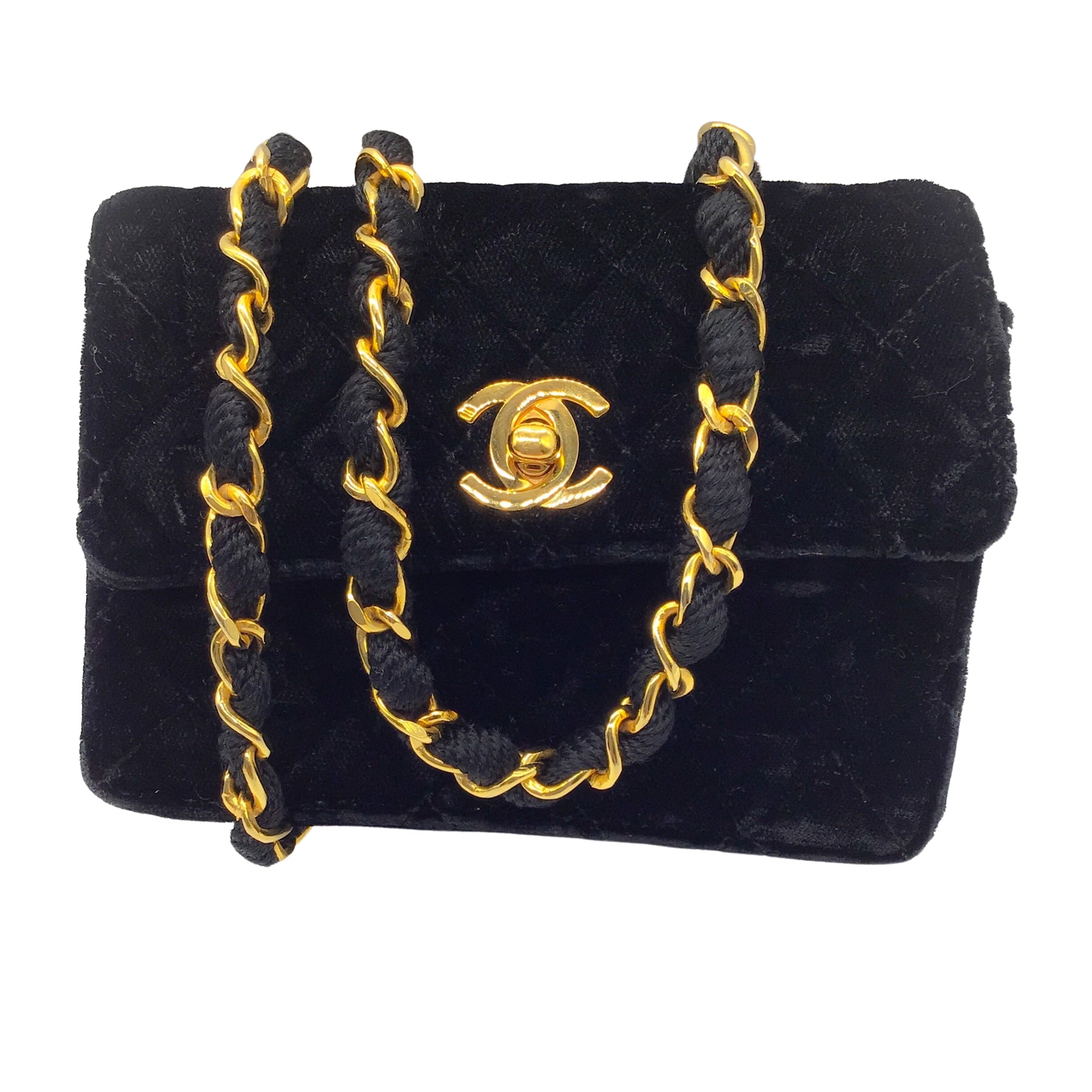 Vintage Chanel Black Quilted Velvet Mini Flap Bag 80s Retro Style - Perfect for Evening Parties, Date Nights & Luxury Fashion Collectors