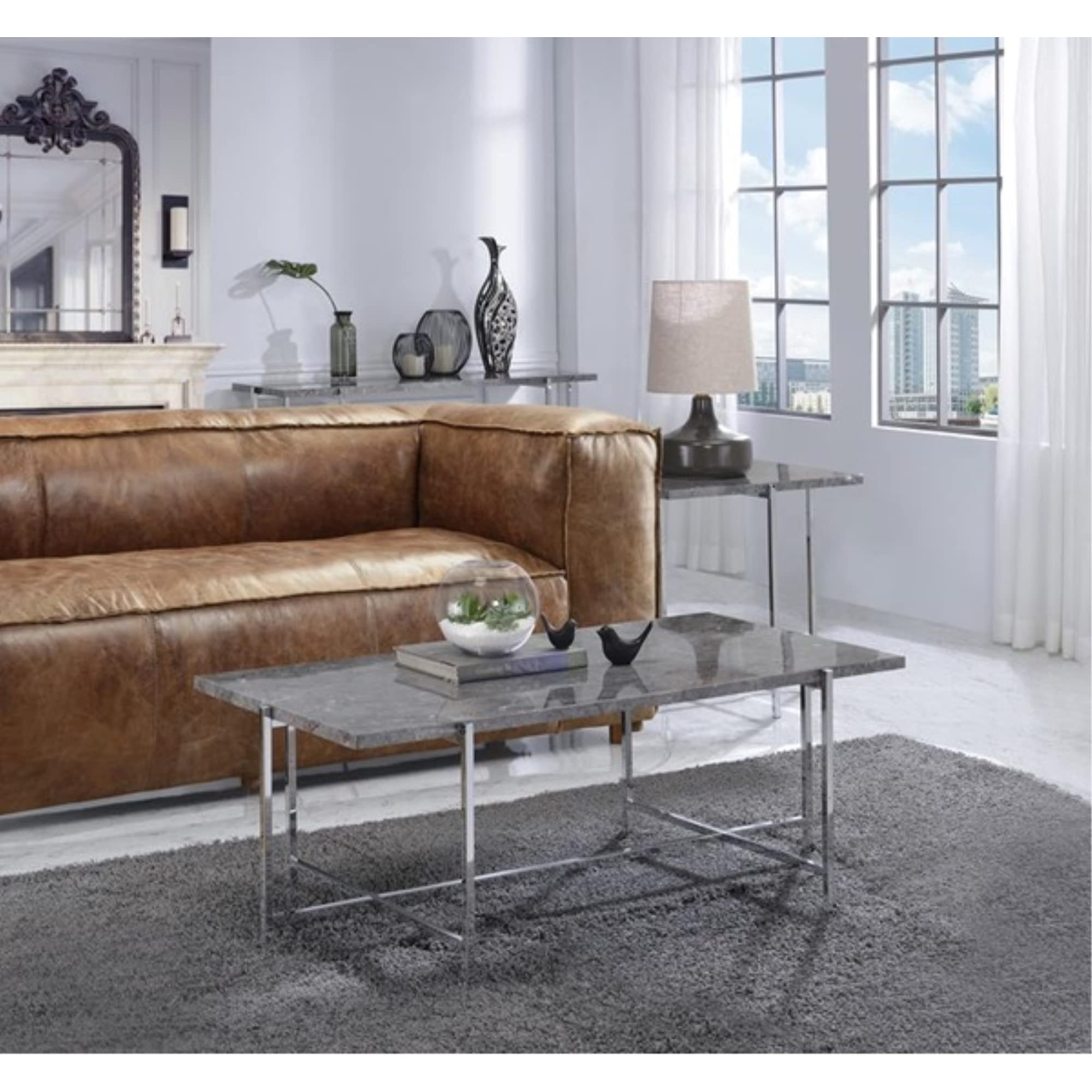 Modern Glass Coffee Table with Faux Marble Top & Chrome Legs - Perfect for Living Room, Lounge, and Office Decor