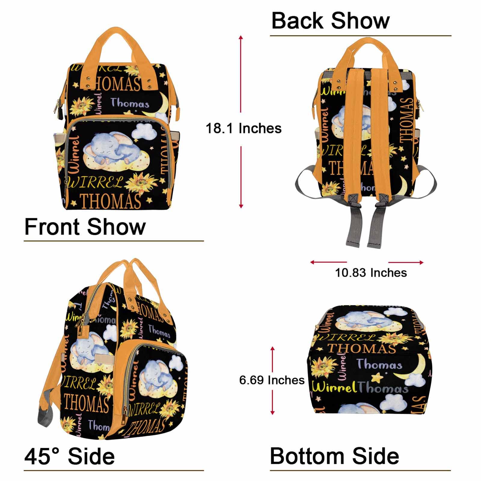 Personalized Diaper Backpack for Baby Girls & Boys - Custom Name Sunflower Elephant Design, Large Waterproof Nursing Organizer for Moms - Perfect Baby Shower Gift & Travel Daypack for New Parents