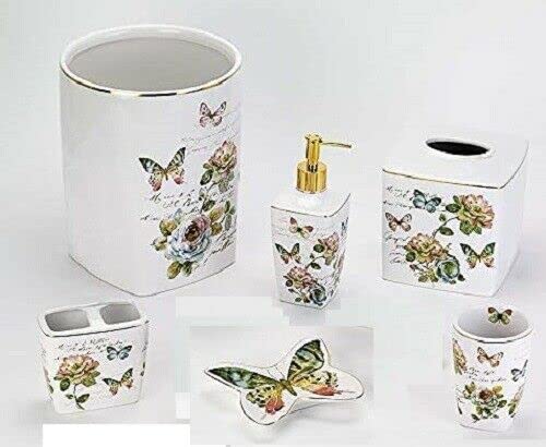 Avanti Linens 6-Piece Bathroom Essentials Set - Ceramic Basket, Tissue Holder, Lotion Dispenser, Toothbrush Holder, Tumbler & Soap Dish - Butterfly Garden Design for Home Decor & Guest Bathroom Setup