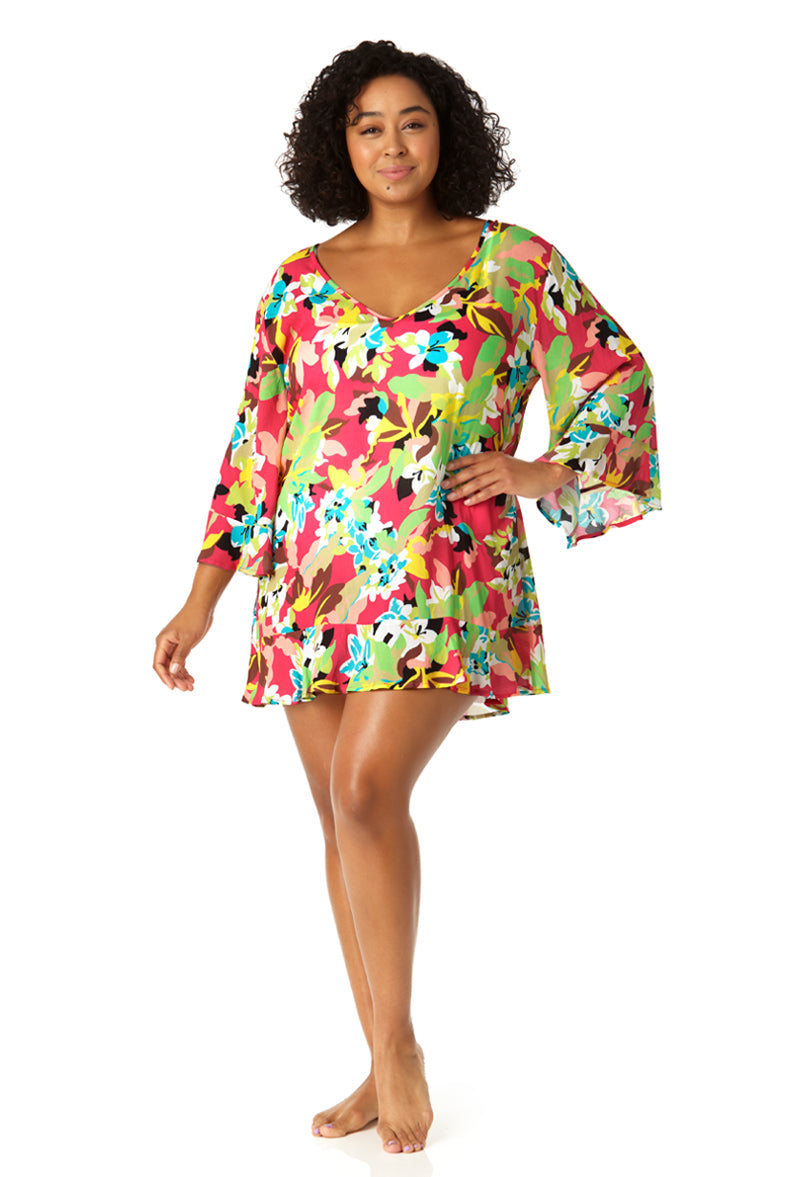 Anne Cole Plus Women's Flounce V-Neck Tunic Swimsuit Cover Up - Stylish Beachwear for Poolside, Resort & Vacation Outfits