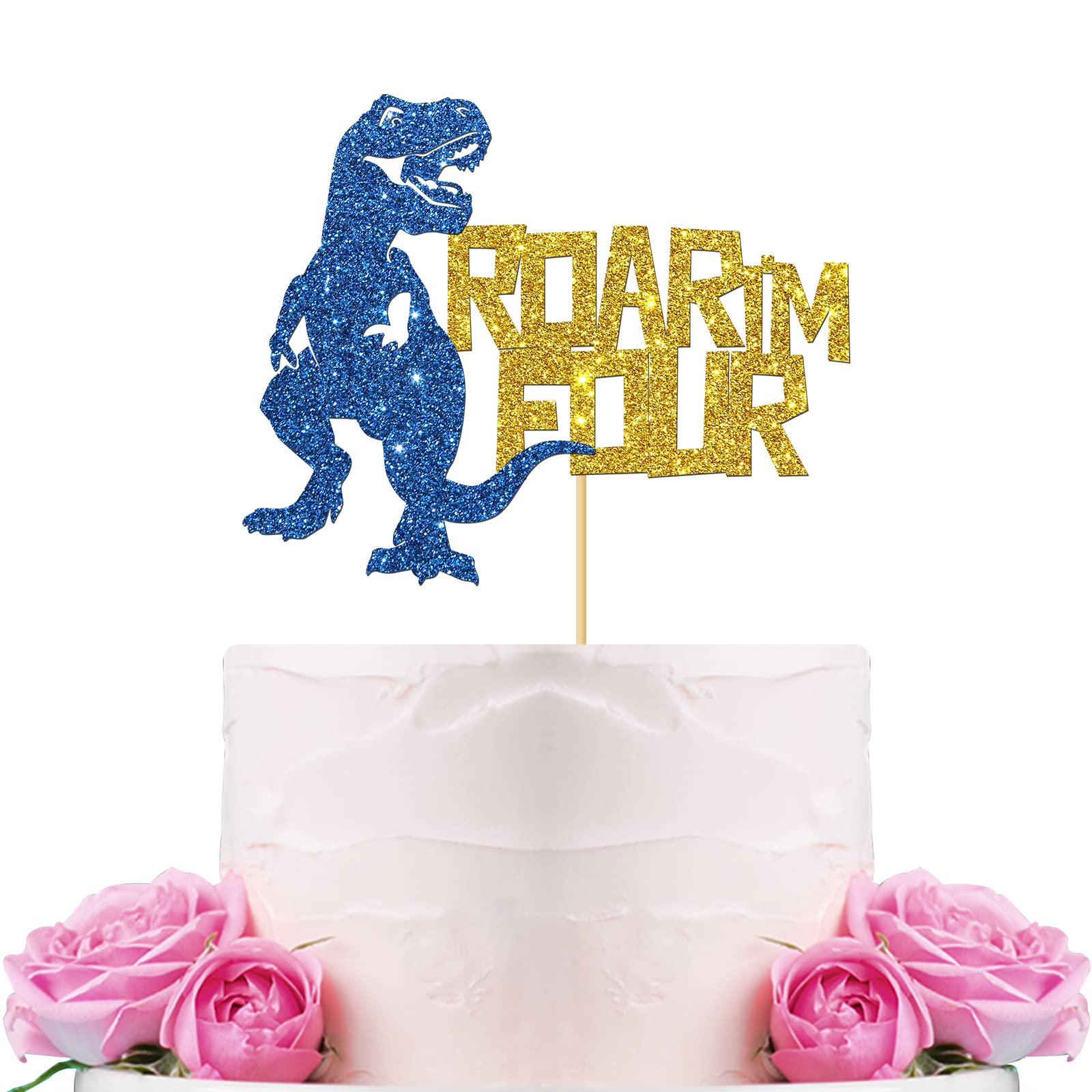Dinosaur Cake Topper for 4th Birthday - Gold & Blue Glitter 'I'm Four' Cake Decorations for Boys | Perfect for Dinosaur Themed Birthday Parties, Baby Showers & Kids Celebrations
