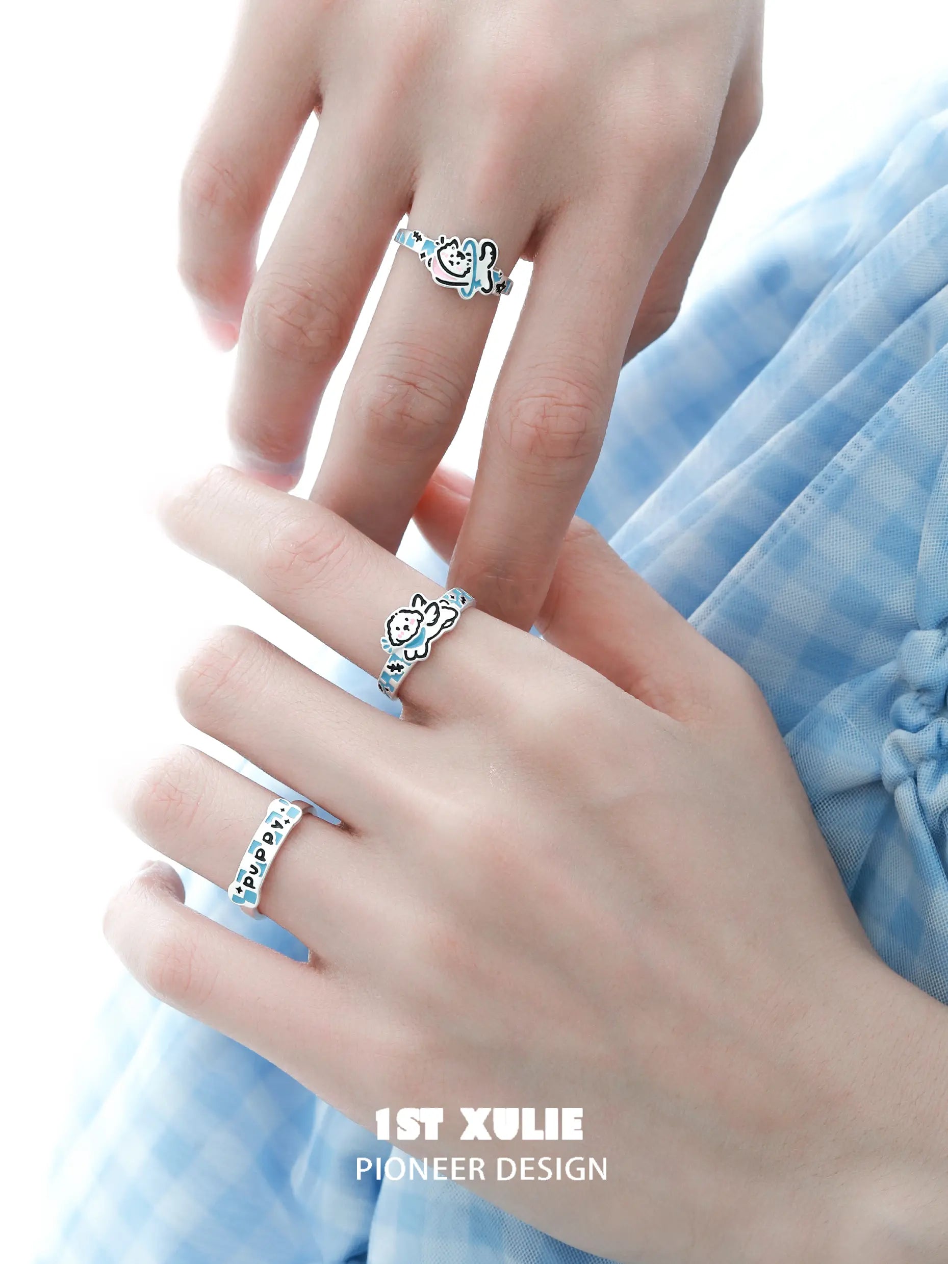 Angel Cuties 925 Sterling Silver Hand-Painted Colorful Resin Kitten & Puppy Ring - Cute Animal Jewelry for Women, Perfect Gift for Cat & Dog Lovers (Birthday, Valentine's Day, Anniversary)
