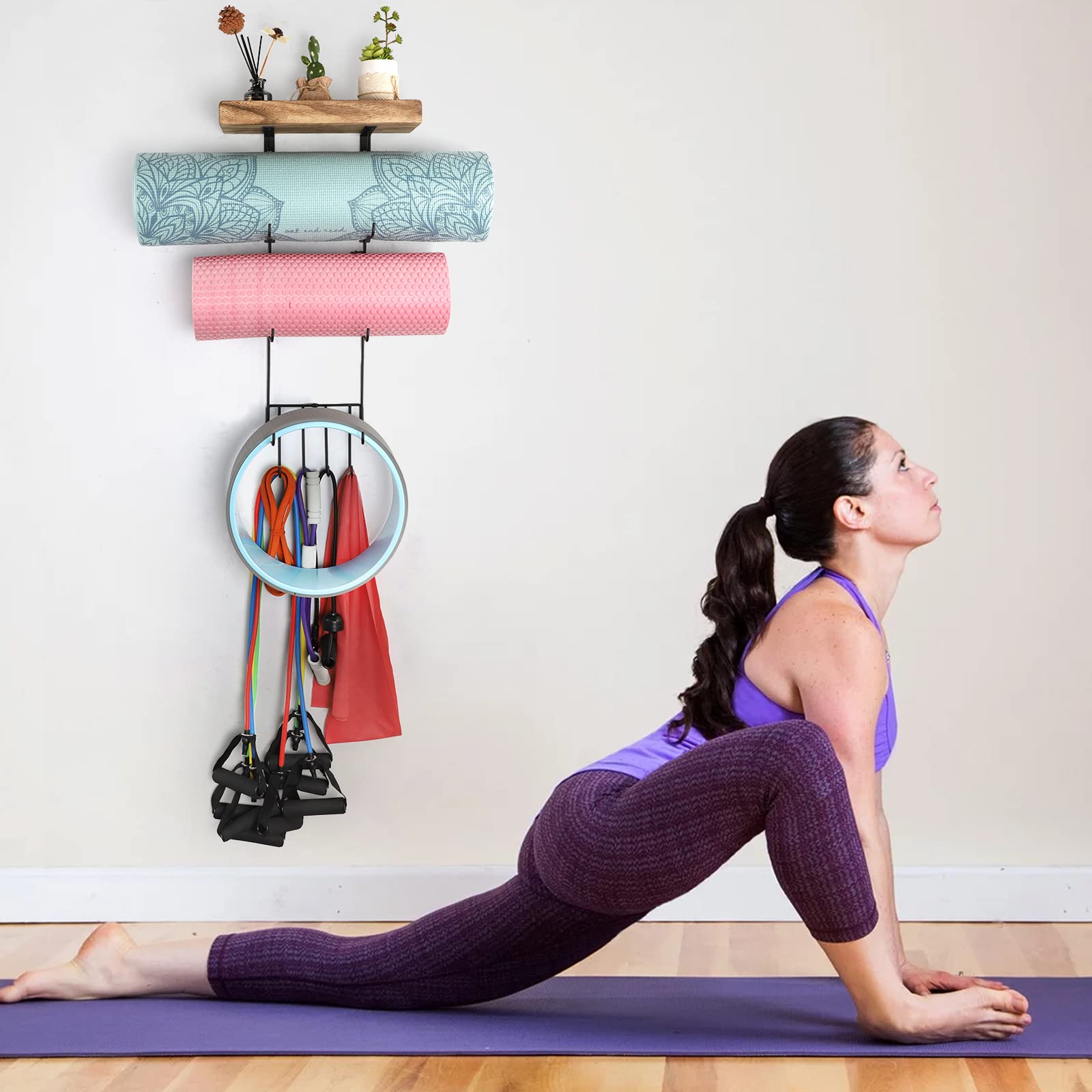 VINAEMO Yoga Mat Holder Wall Mount Organizer - 4 Hooks & Wooden Shelves for Foam Roller, Towel, Resistance Bands Storage - Home Gym, Yoga Studio, Office & School Decor Accessory