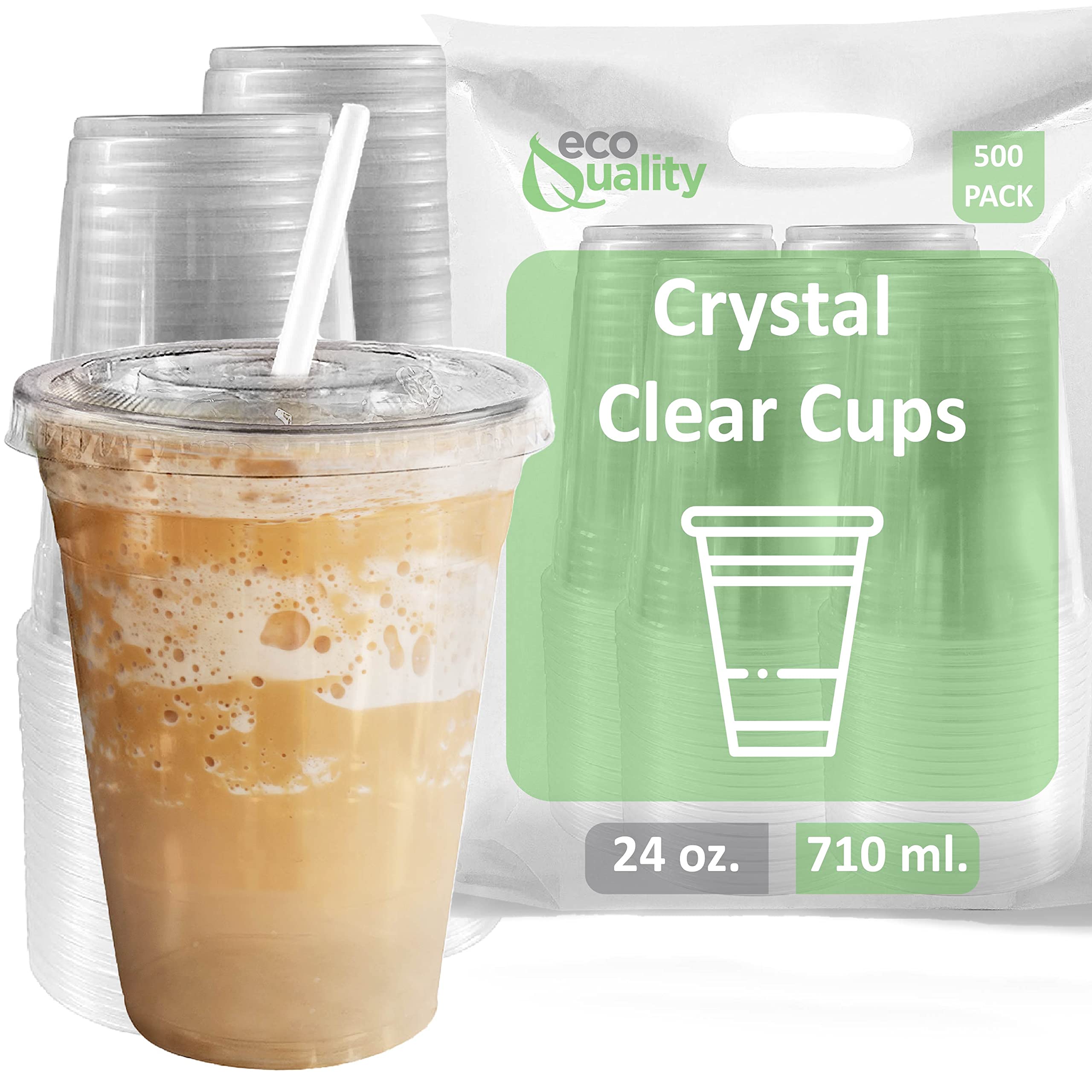 EcoQuality 24oz Clear Plastic Disposable Cups with Lids & Straws - 500 Count PET Party Cups for Smoothies, Protein Shakes, Bubble Tea, Iced Coffee, Boba, Fresh Juice | Meal Prep, Catering, Picnics, BBQs, Office Parties & Home Entertaining