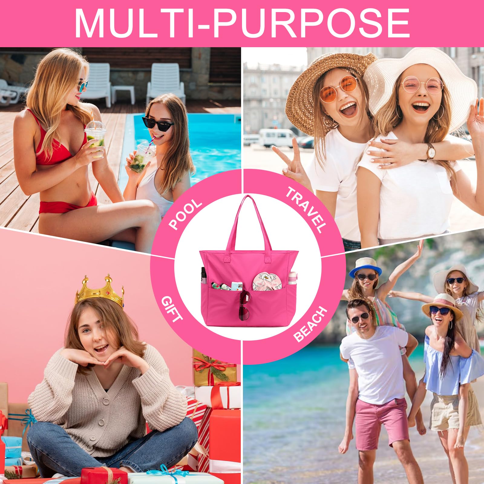 Waterproof Large Beach Tote Bag for Women - Gym, Pool & Travel Carry On Bag with Wet Compartment - Perfect for Swimming, Vacation & Weekender Trips