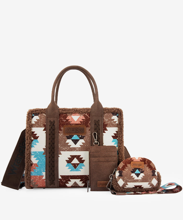 Wrangler Aztec Sherpa Trim Crossbody Purse Set for Women - Stylish Boho Shoulder Bag with Fringe Detail - Perfect for Casual Outings, Music Festivals & Travel Accessories