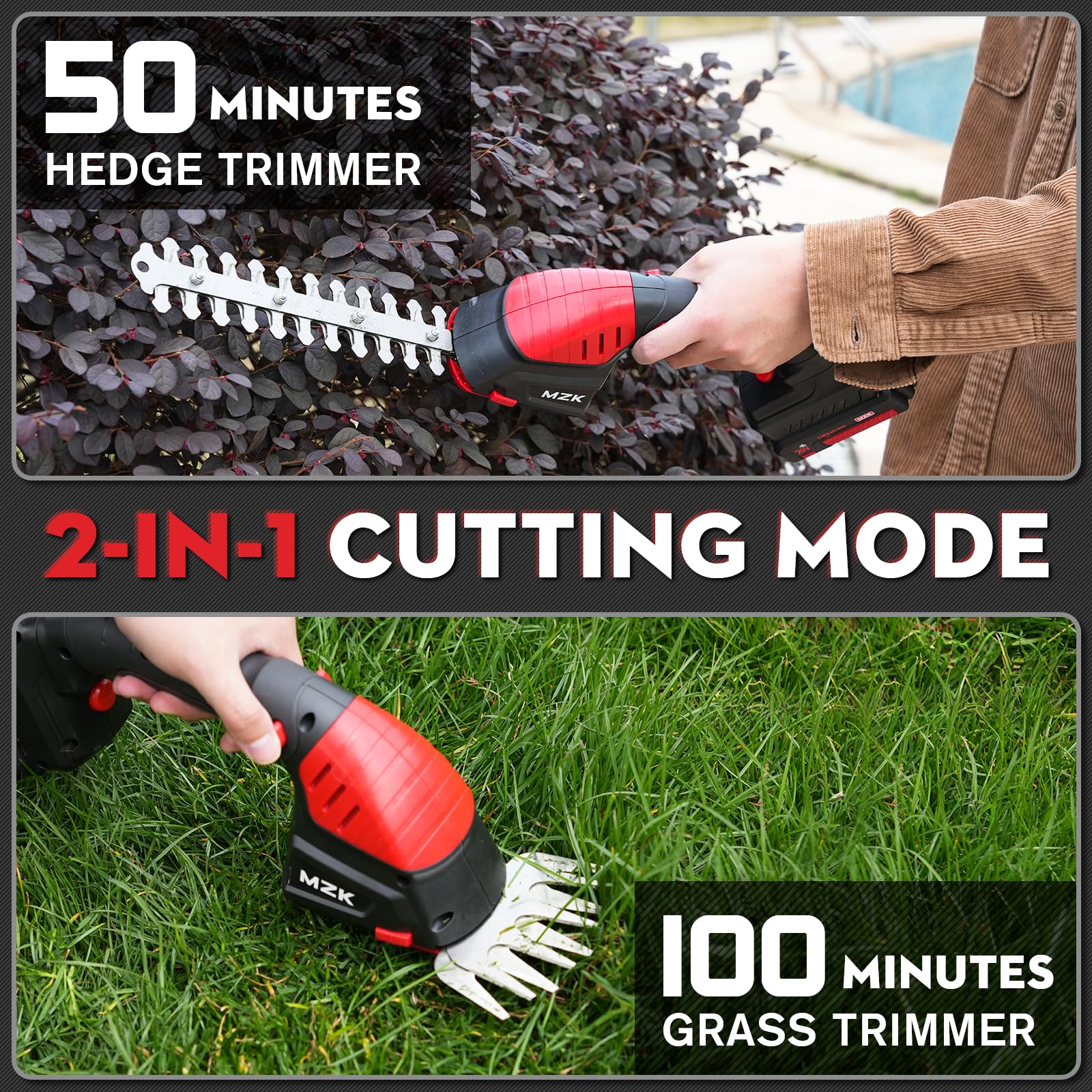 MZK 20V Cordless 2-in-1 Pole Hedge Trimmer & Grass Shear with 13ft Extension Pole - Multi-Angle Adjustable Electric Shrub Trimmer (Battery & Charger Included) - Perfect for Lawn Care, Garden Maintenance & Landscaping