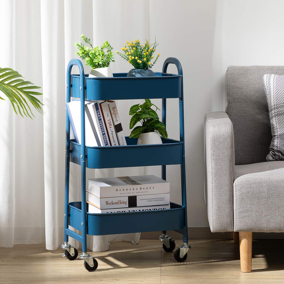 AGTEK Makeup Cart with Wheels - 3-Tier Rolling Organizer & Metal Utility Cart in Navy Blue for Salon, Home, or Professional Makeup Artists